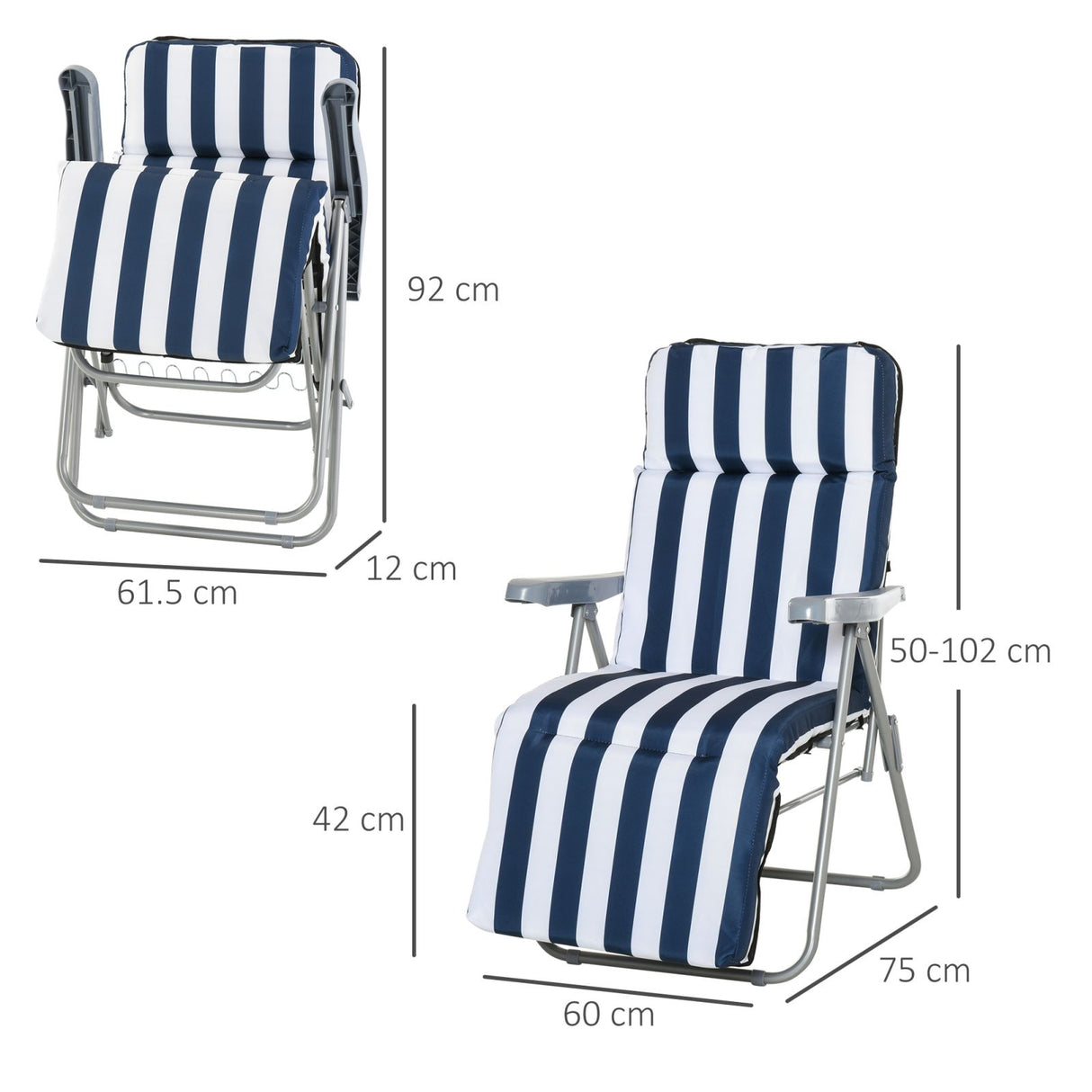 easycomfort easycomfort set 2 sedie a sdraio pieghevoli reclinabili con imbottitura a righe e braccioli bianco e blu