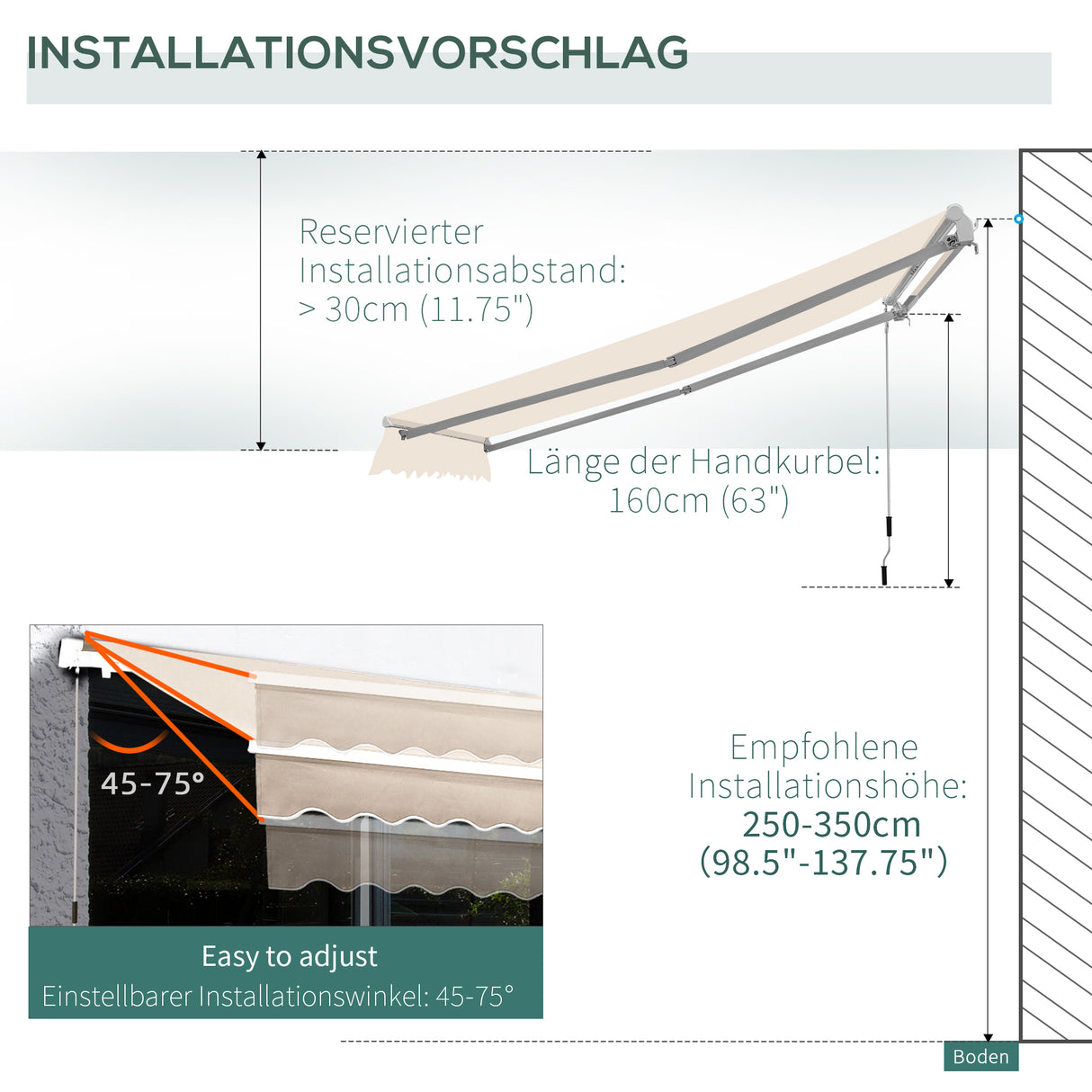 easycomfort easycomfort tenda da sole a bracci per esterno regolazione con manovella 300x250cm