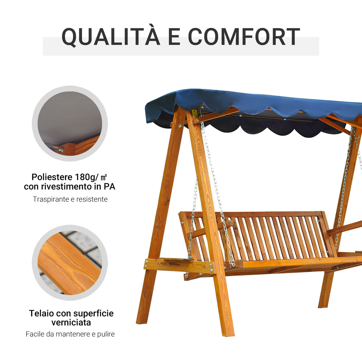 easycomfort dondolo da giardino 3 posti con baldacchino in legno 200x 130x 185cm
