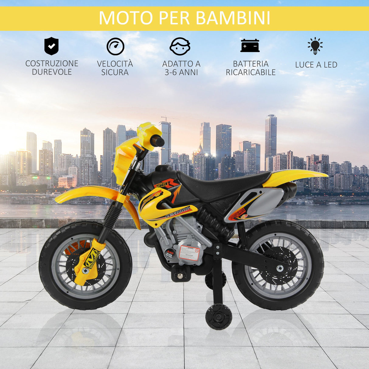 easycomfort easycomfort moto cross elettrica con rotelle giallo per bambini 3 anni e piu batteria 6v velocita 2 5kmh 102 x 53 x 66cm