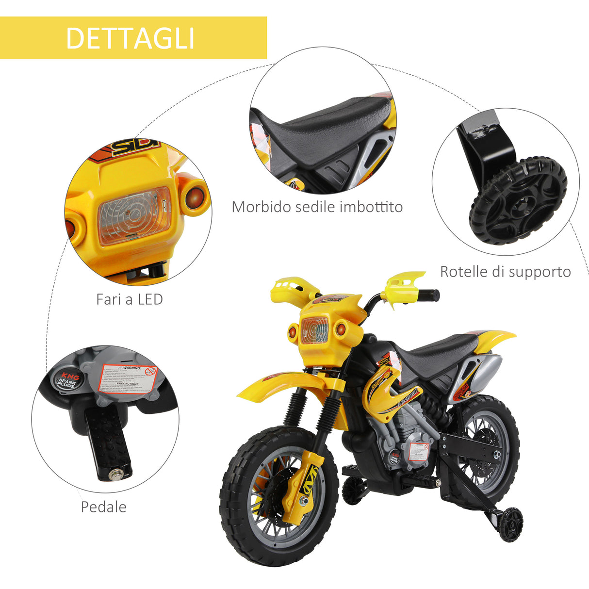 easycomfort easycomfort moto cross elettrica con rotelle giallo per bambini 3 anni e piu batteria 6v velocita 2 5kmh 102 x 53 x 66cm