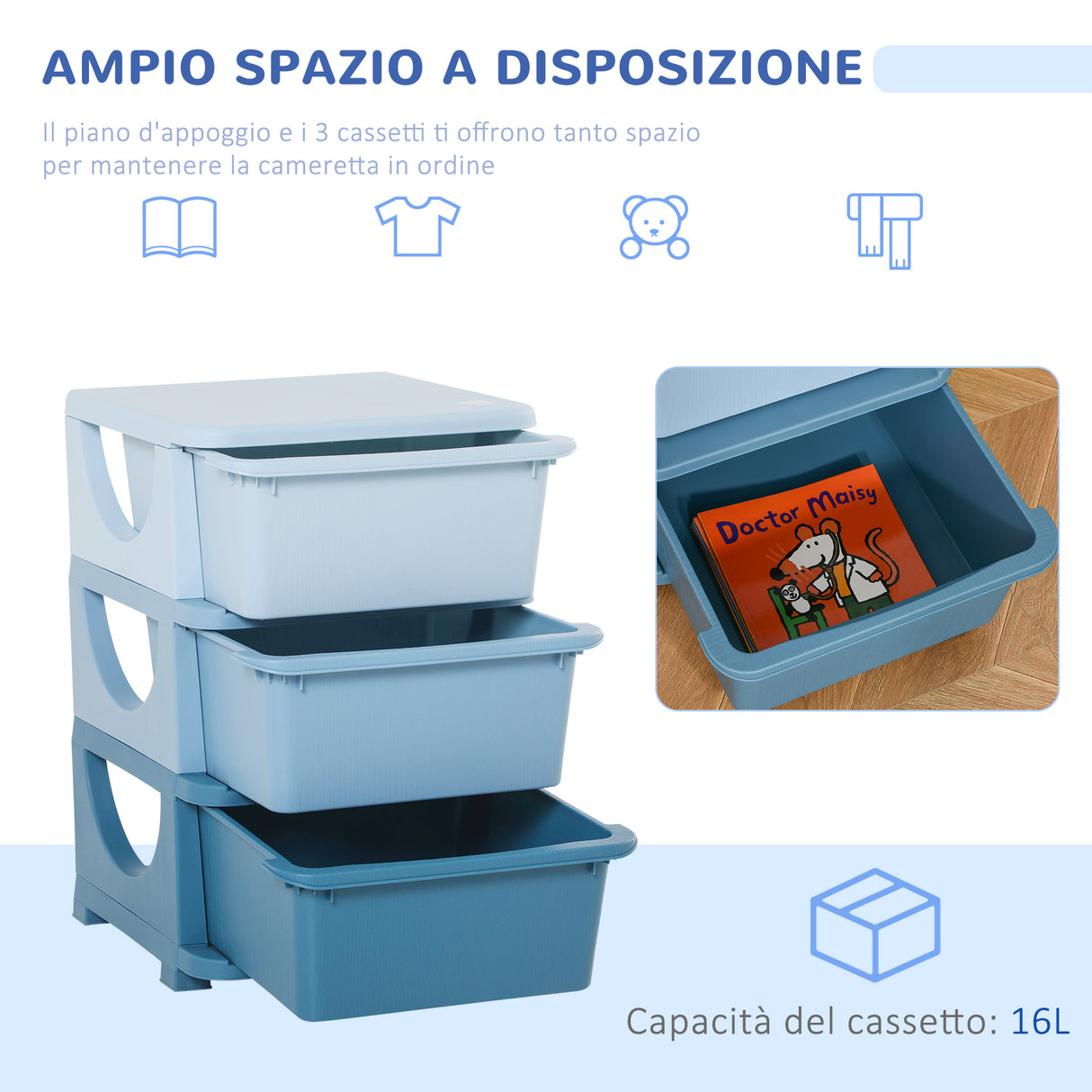 easycomfort easycomfort cassettiera in plastica colorata per cameretta con 3 cassetti 37x37x56 5cm blu