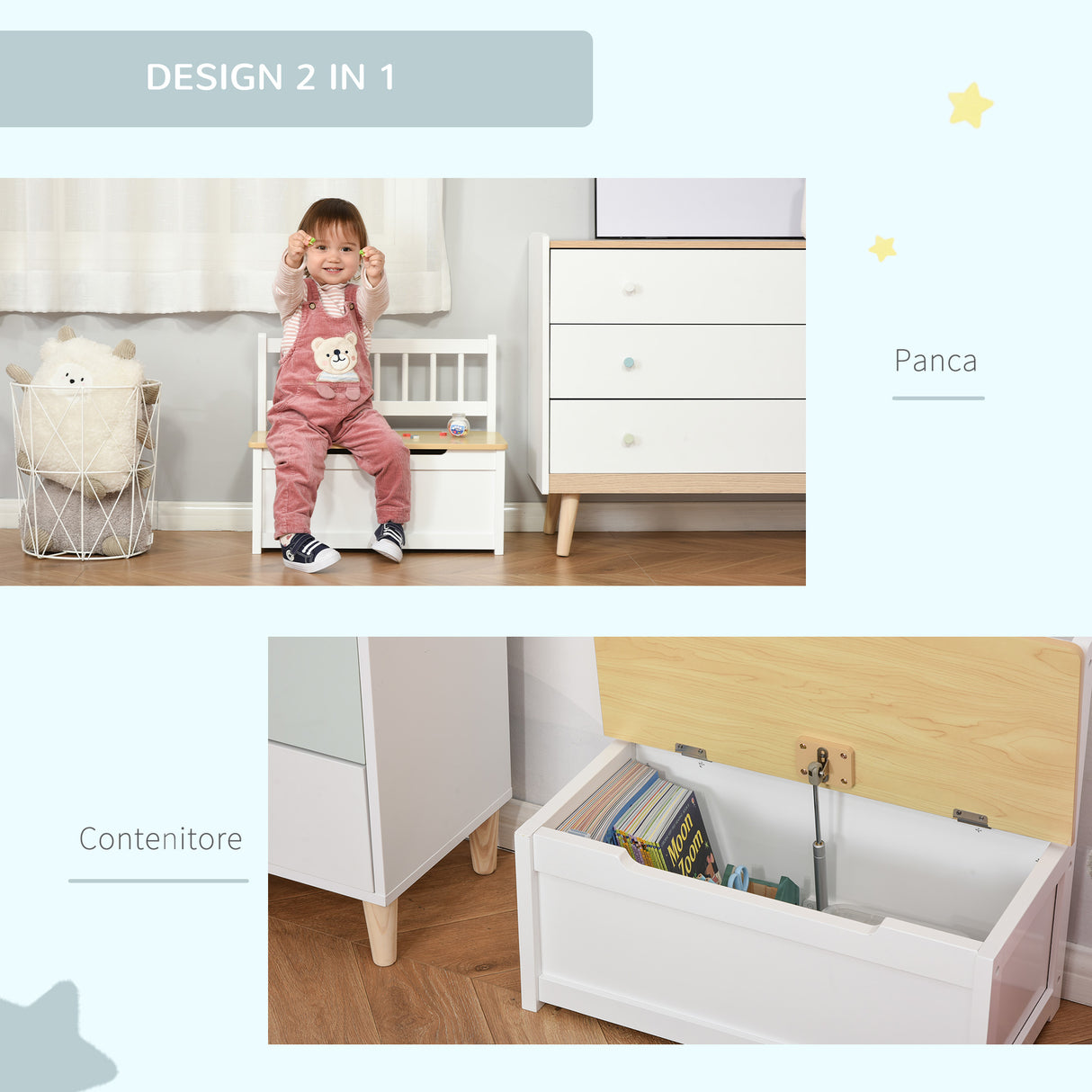 easycomfort easycomfort cassapanca per bambini 2 in 1 in legno con pistone per chiusura sicura 60x30x50cm bianco e legno naturale