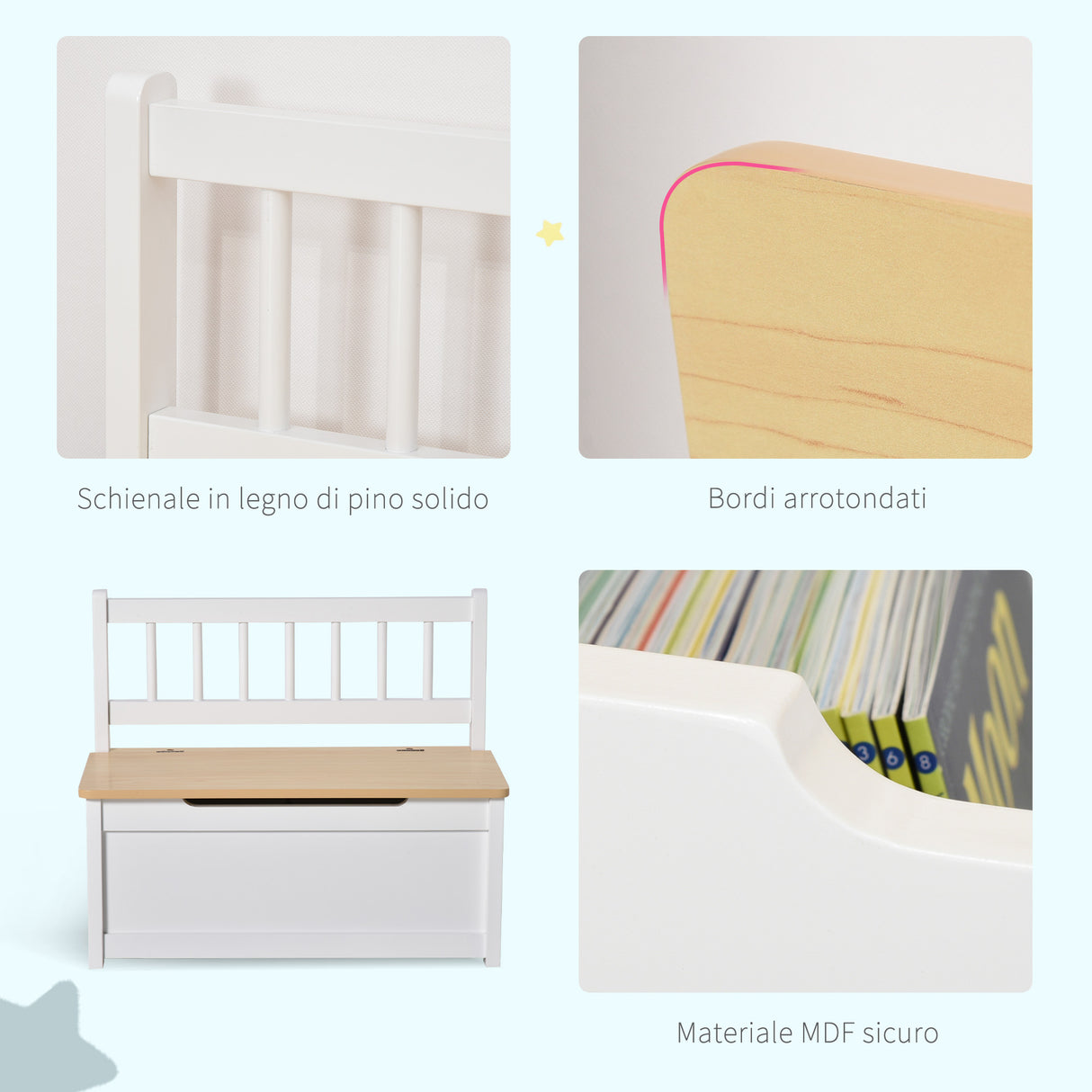 easycomfort easycomfort cassapanca per bambini 2 in 1 in legno con pistone per chiusura sicura 60x30x50cm bianco e legno naturale