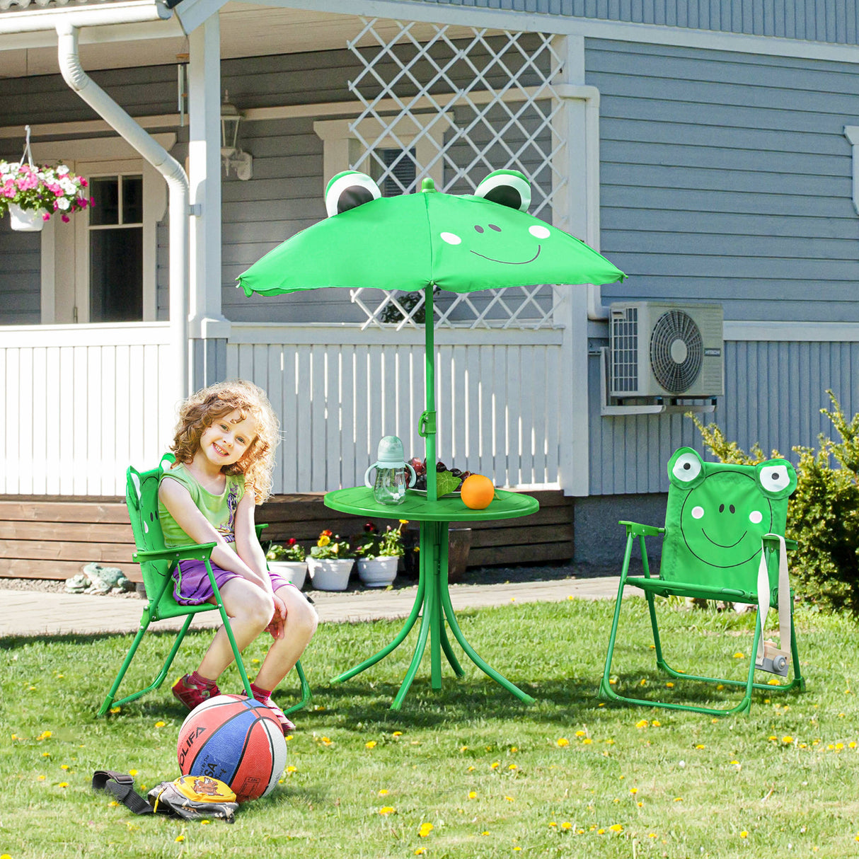 easycomfort easycomfort set tavolo da giardino con 2 sedie pieghevoli e ombrellone per bambini rana