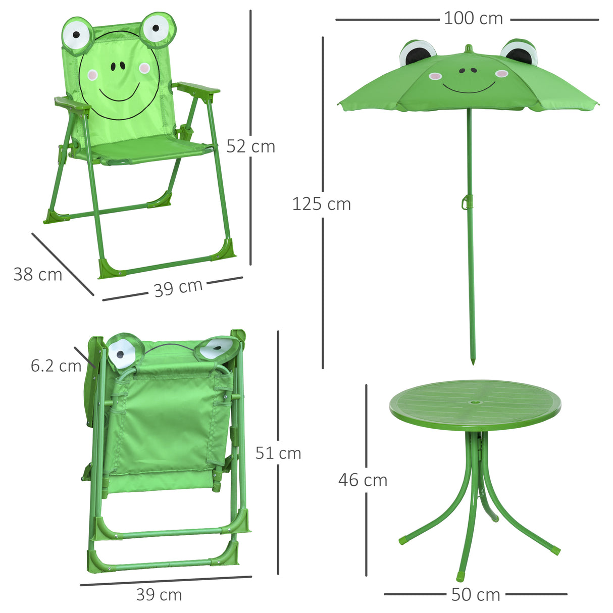 easycomfort easycomfort set tavolo da giardino con 2 sedie pieghevoli e ombrellone per bambini rana