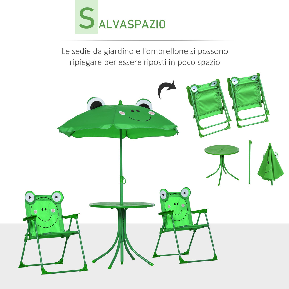 easycomfort easycomfort set tavolo da giardino con 2 sedie pieghevoli e ombrellone per bambini rana