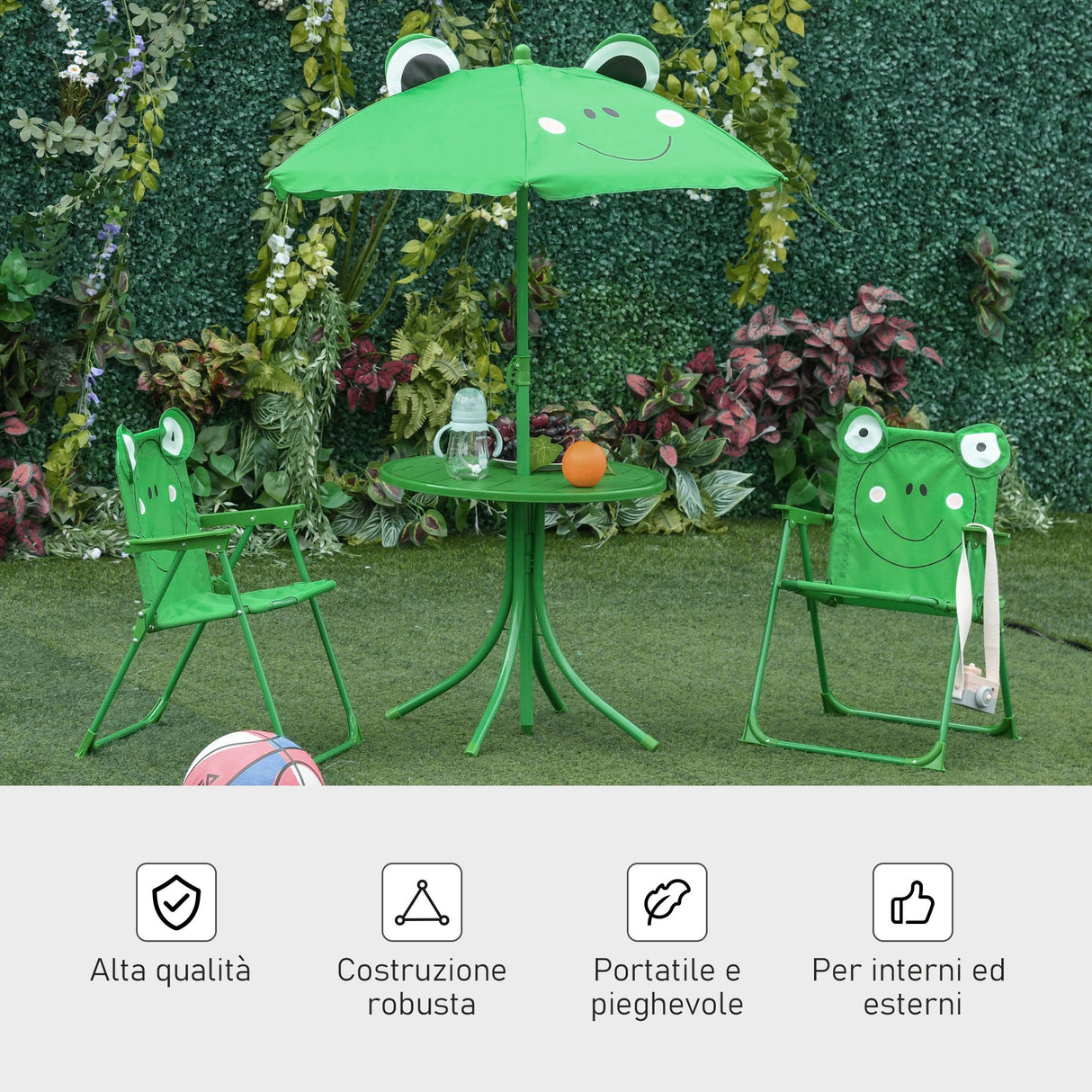 easycomfort easycomfort set tavolo da giardino con 2 sedie pieghevoli e ombrellone per bambini rana