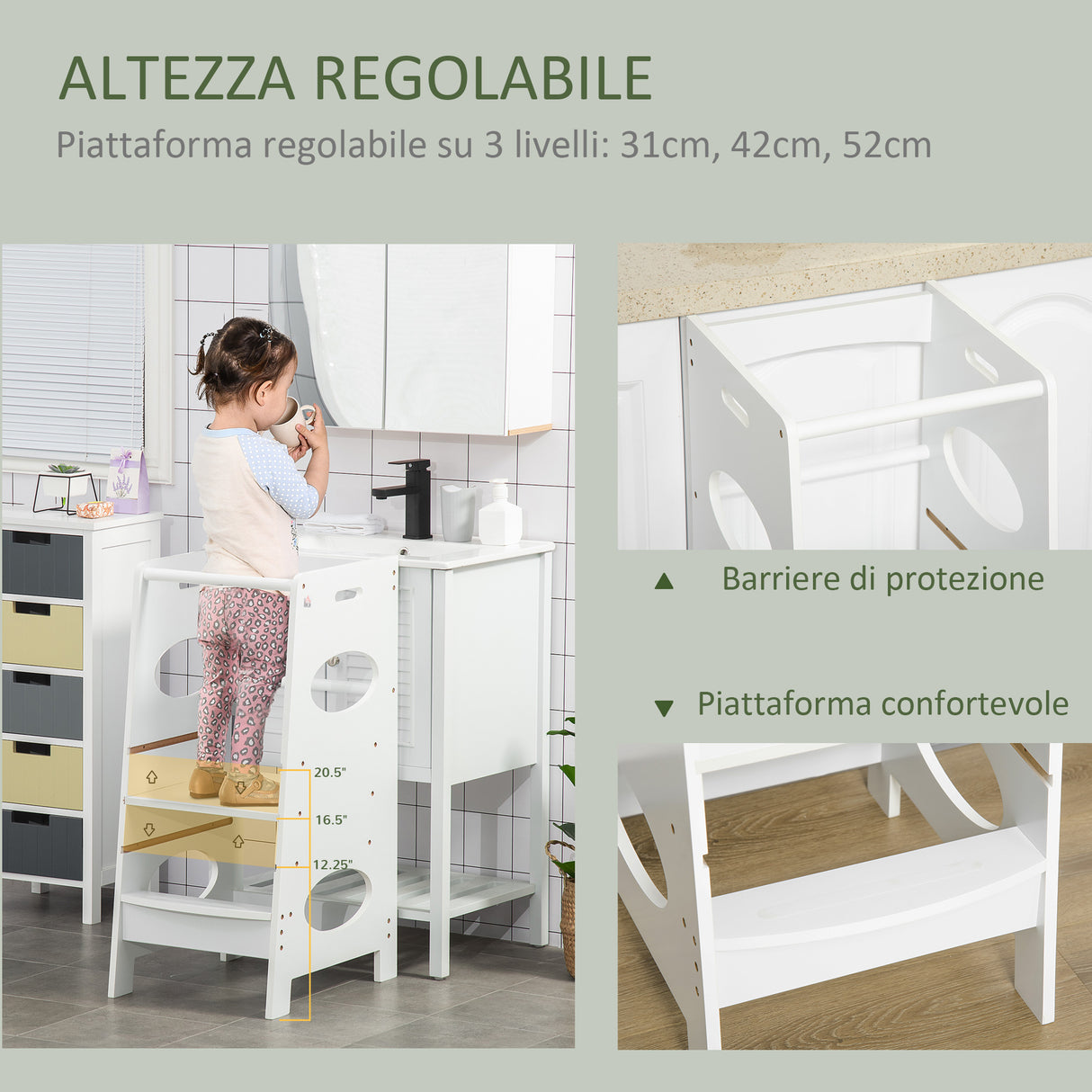 easycomfort easycomfort torre montessoriana per bambini learning tower con altezza regolabile in mdf 40x50x90cm bianco