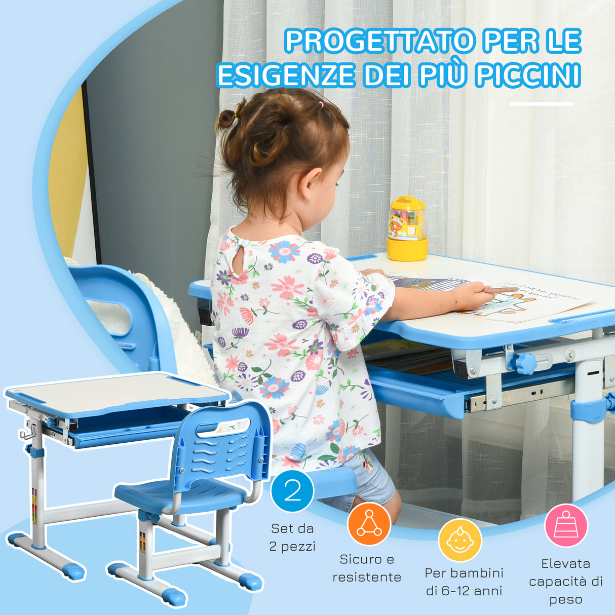easycomfort easycomfort banco scuola con sedia regolabili in altezza per bambini 6 12 anni cassetto e piano inclinabile a 45 acciaio e mdf blu