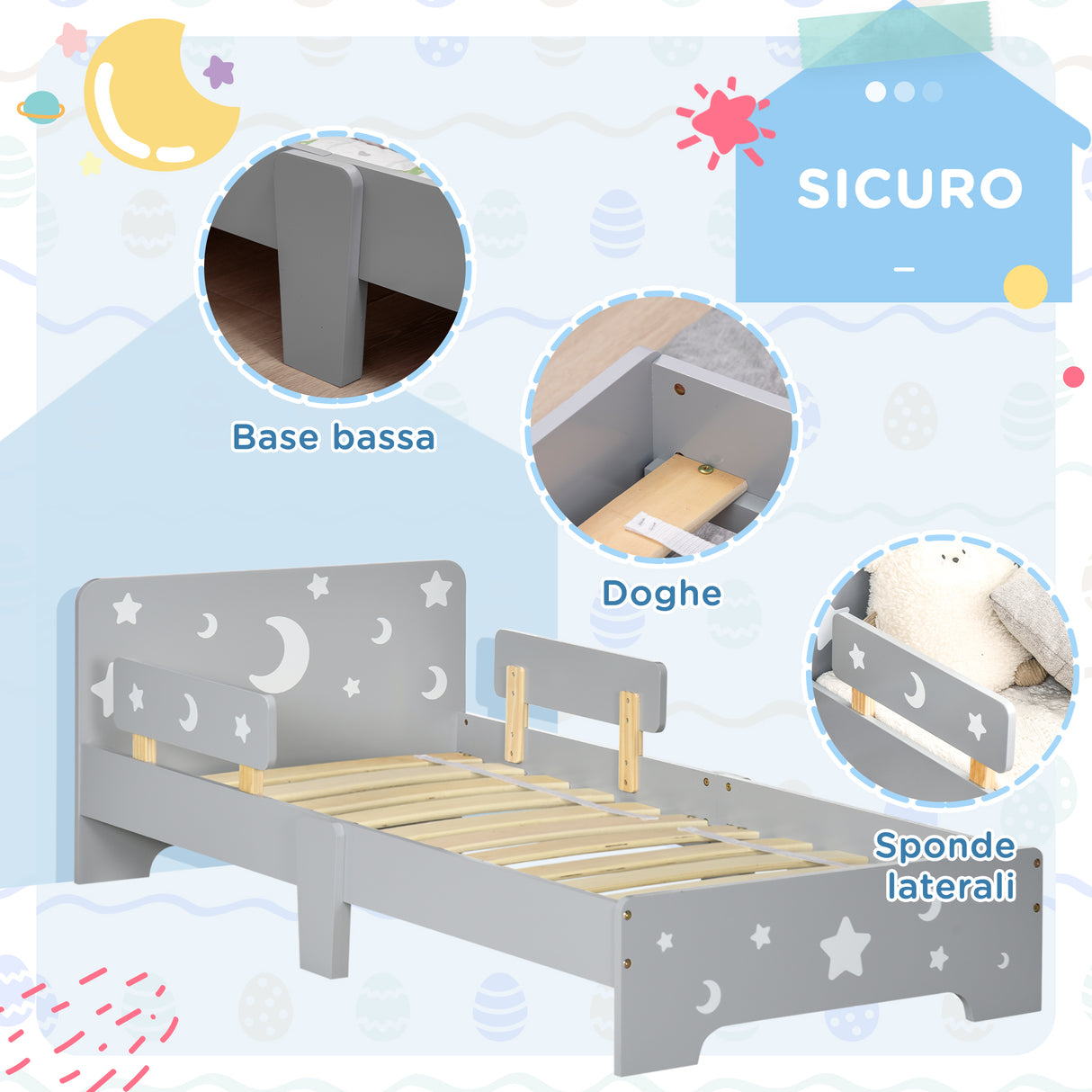 easycomfort easycomfort letto per bambini 3 6 anni con motivi a stelle e luna in pannelli di mdf e truciolato 143x76x49 cm