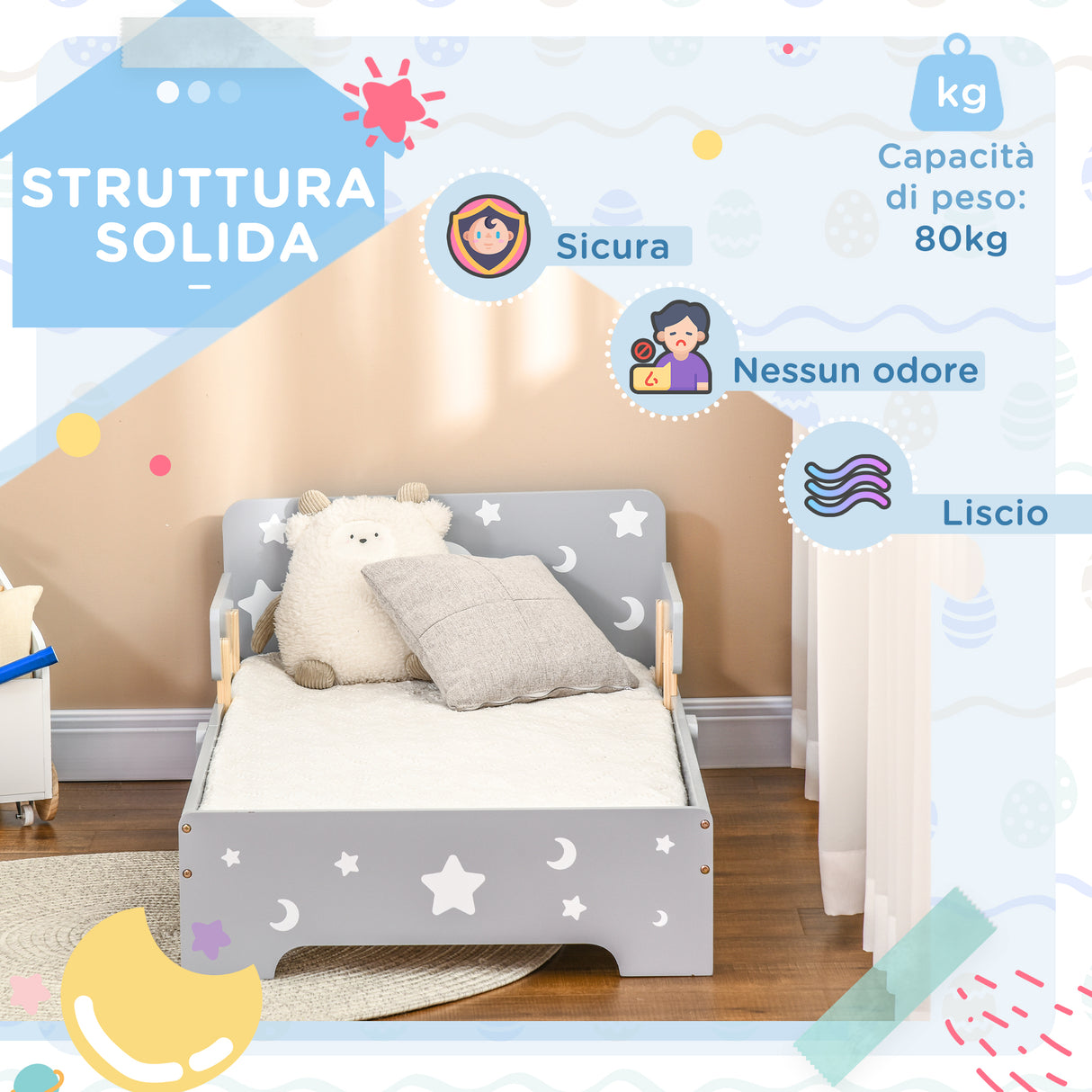 easycomfort easycomfort letto per bambini 3 6 anni con motivi a stelle e luna in pannelli di mdf e truciolato 143x76x49 cm