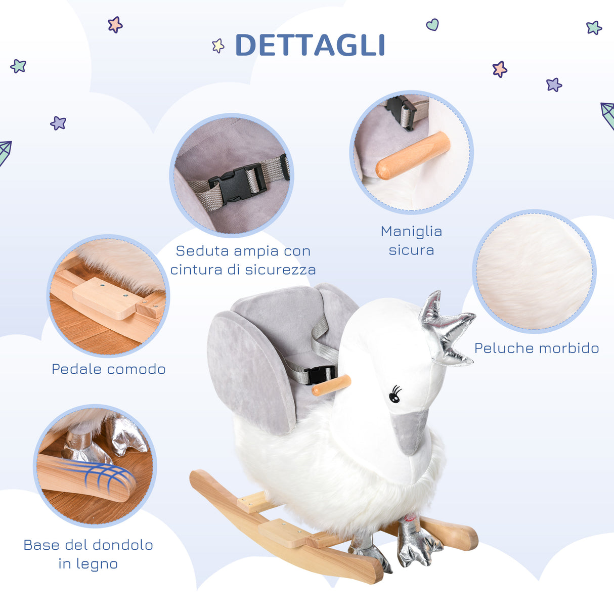 easycomfort easycomfort dondolo giocattolo a forma di cigno bianco e grigio per bambini 18 36 mesi max 40kg legno di pioppo e peluche