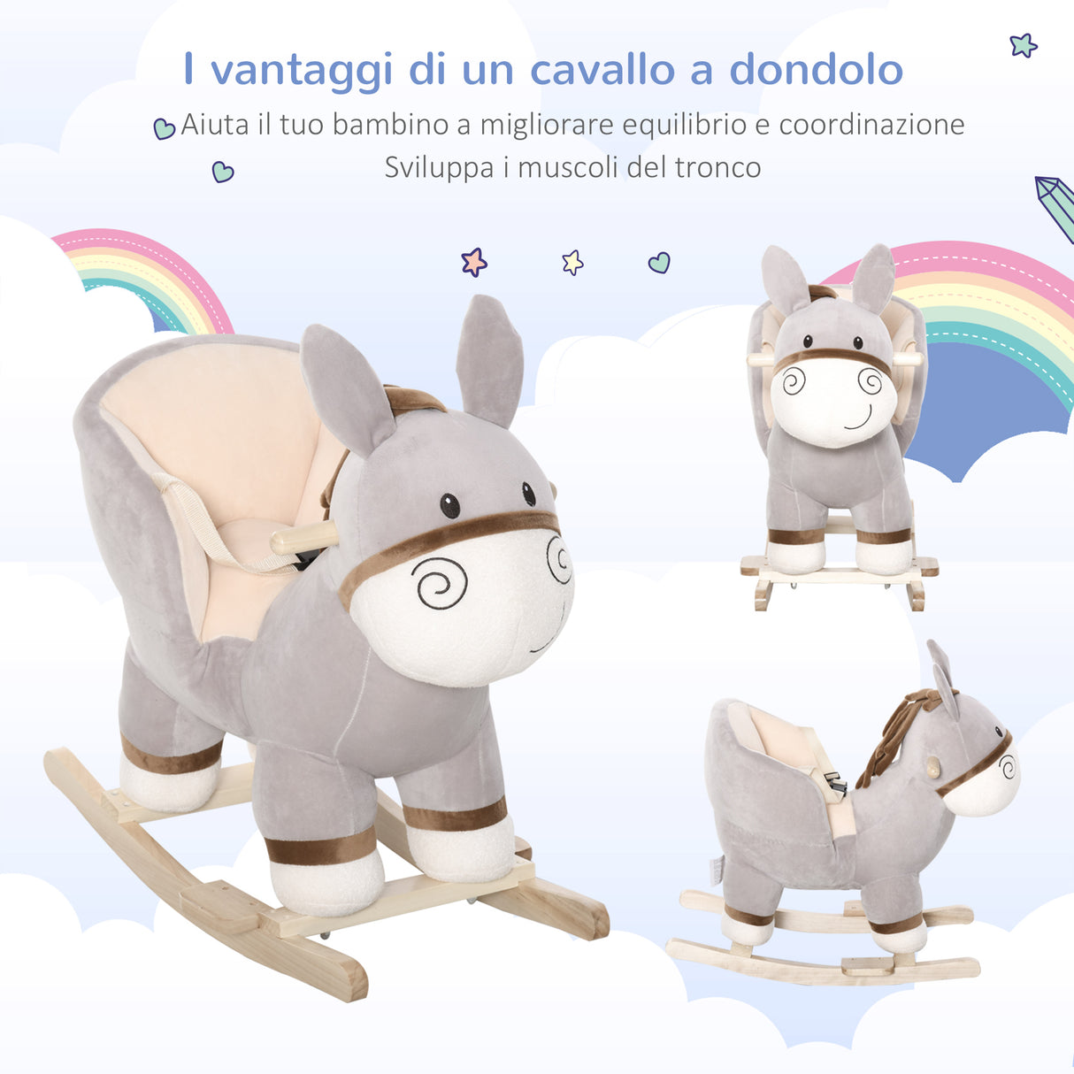 easycomfort easycomfort dondolo giocattolo a forma di asino per bambini 18 36 in legno di pioppo e peluche grigio suoni realistici