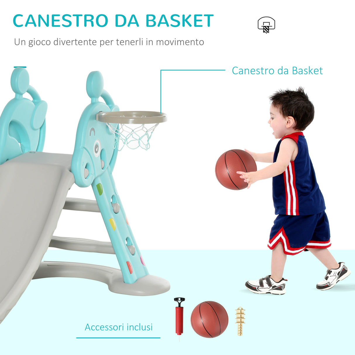 easycomfort easycomfort scivolo per bambini con canestro basket per interno ed esterno in pp e hdpe eta 2 4 anni 147x82x85 5cm grigio e blu