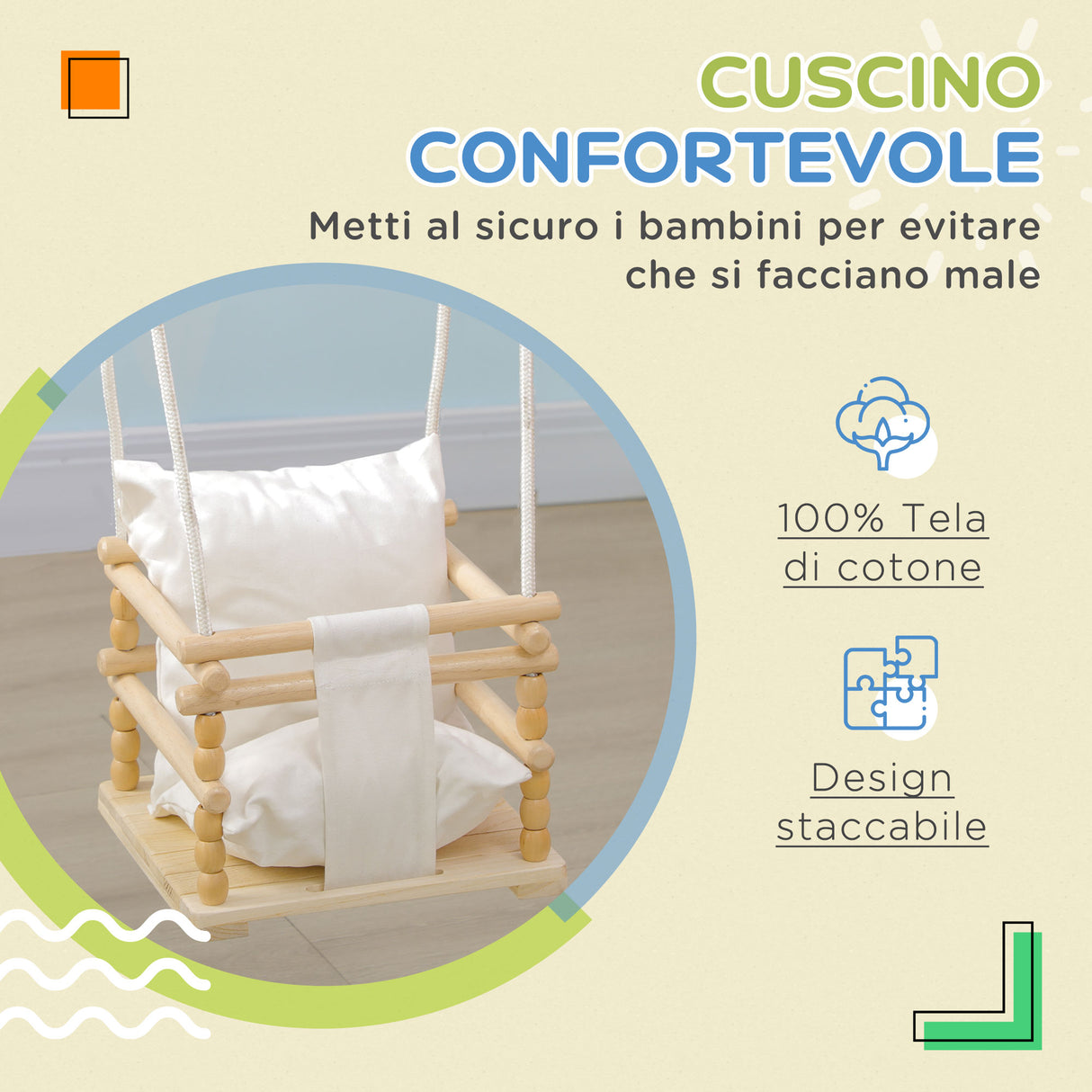 easycomfort easycomfort altalena per bambini 9 36 mesi in legno e cotone con corda regolabile e cuscino 30x30x110 180 cm
