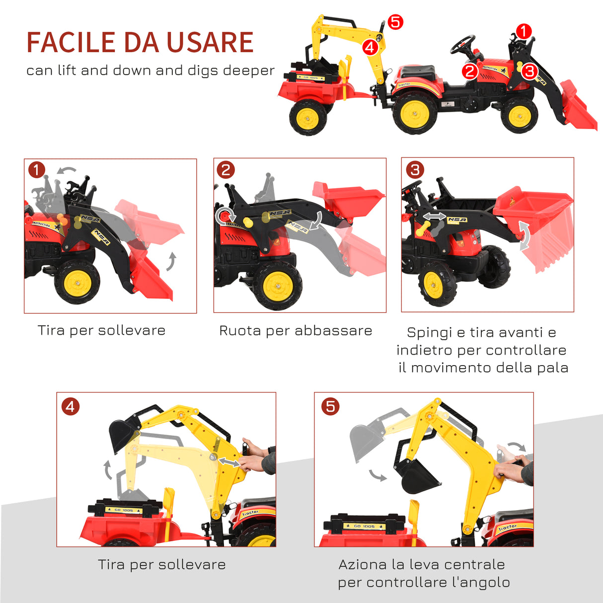 easycomfort easycomfort ruspa giocattolo a pedali escavatore cavalcabile per bambini con pale e volante 179x42x59cm multicolore