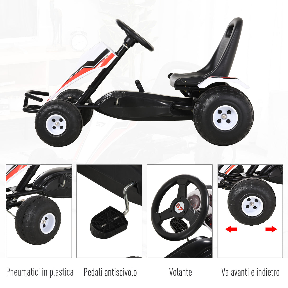 easycomfort easycomfort go kart a pedali bianco e rosso per bambini 3 8 anni con sedile regolabile