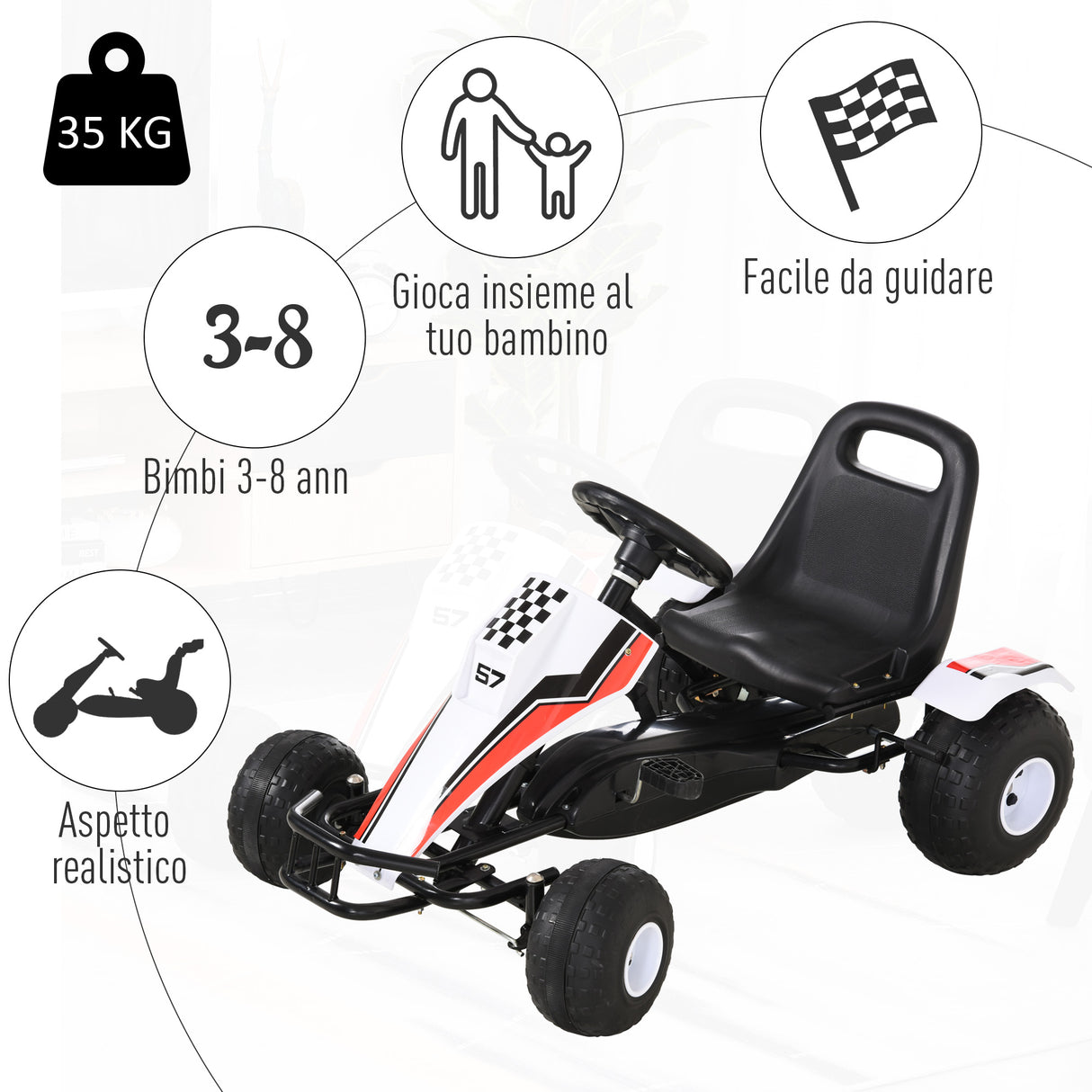easycomfort easycomfort go kart a pedali bianco e rosso per bambini 3 8 anni con sedile regolabile
