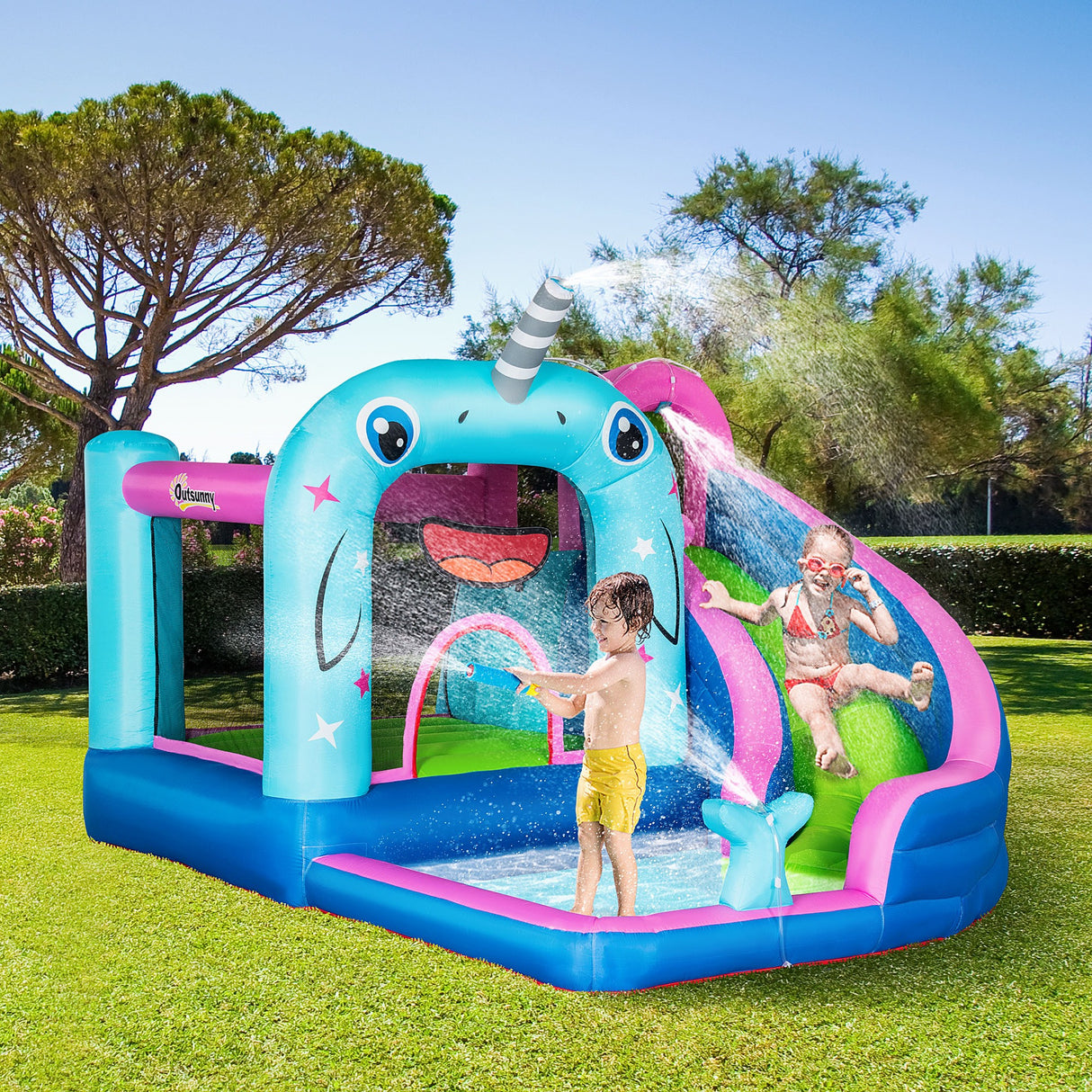 easycomfort gioco gonfiabile per bambini 3 8 anni a tema narvalo con borsa 11 paletti e toppe inclusi 330x280x200 cm