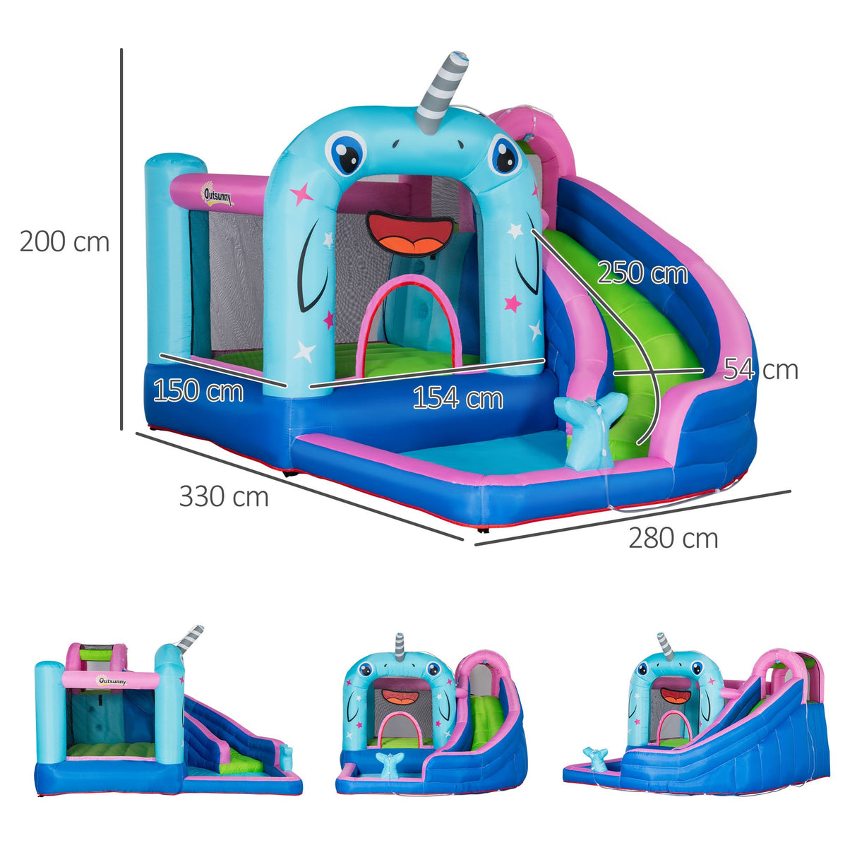 easycomfort gioco gonfiabile per bambini 3 8 anni a tema narvalo con borsa 11 paletti e toppe inclusi 330x280x200 cm