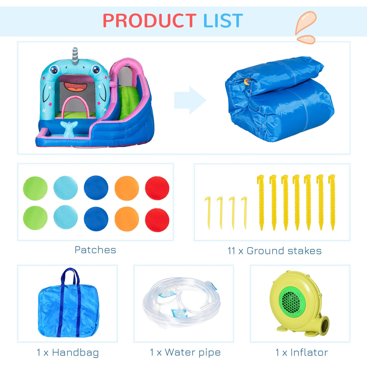 easycomfort gioco gonfiabile per bambini 3 8 anni a tema narvalo con borsa 11 paletti e toppe inclusi 330x280x200 cm