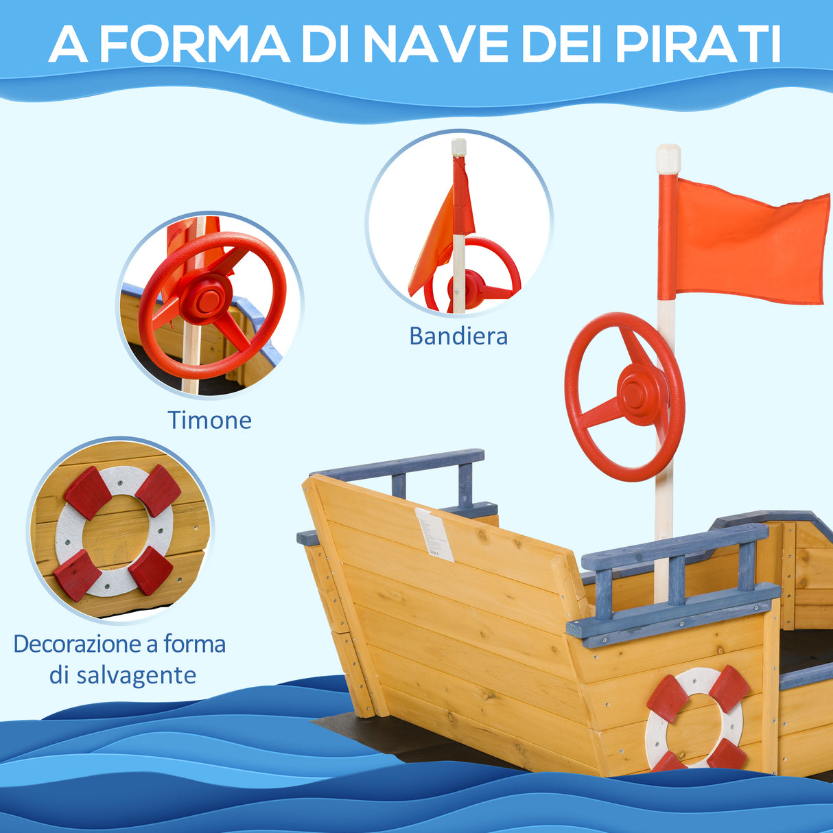 easycomfort easycomfort sabbiera per bambini in legno a forma di nave dei pirati con vano contenitore 158x78x45 5cm
