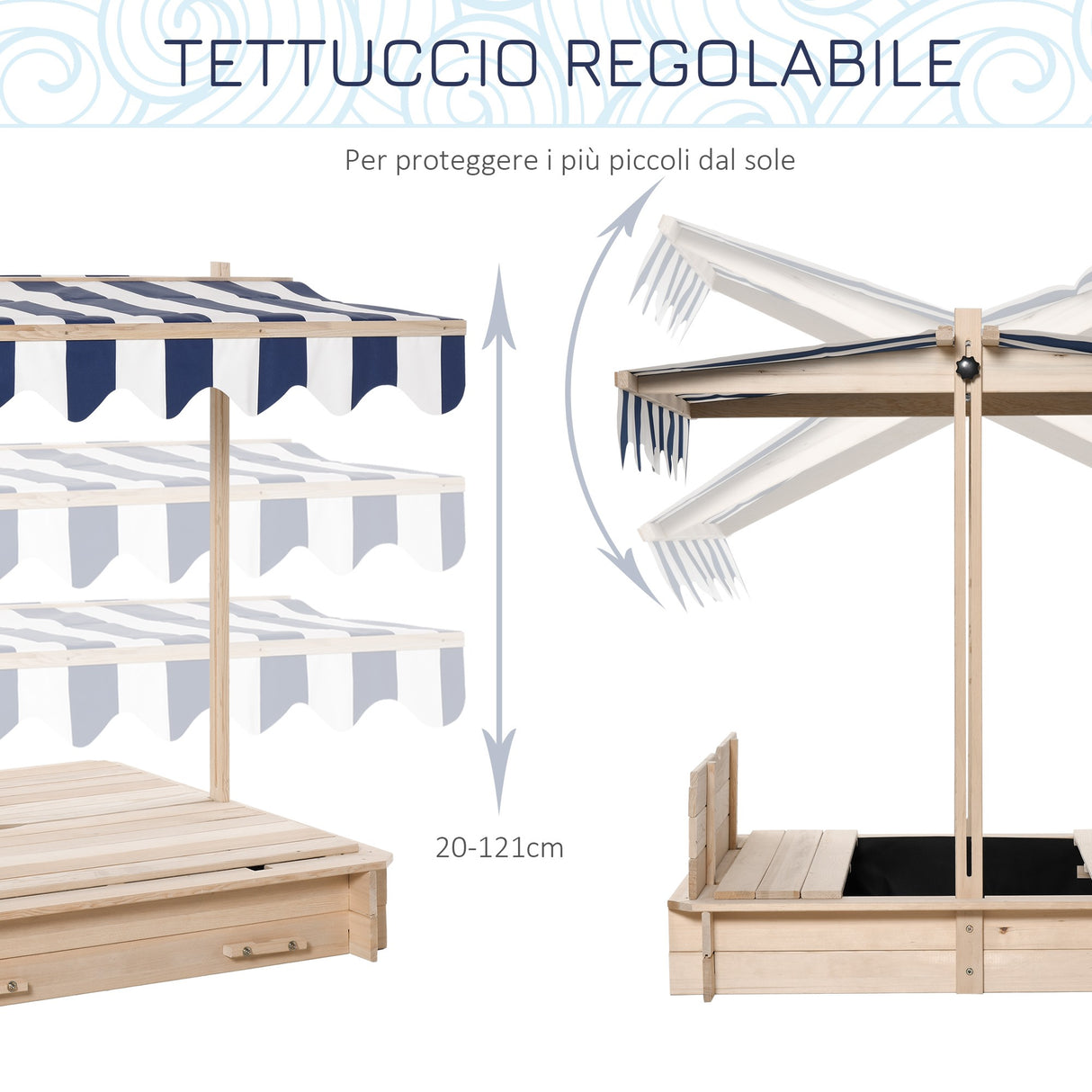 easycomfort easycomfort sabbiera per bambini in legno con tettuccio parasole panca e coperchio 106x106x121cm bianco e blu