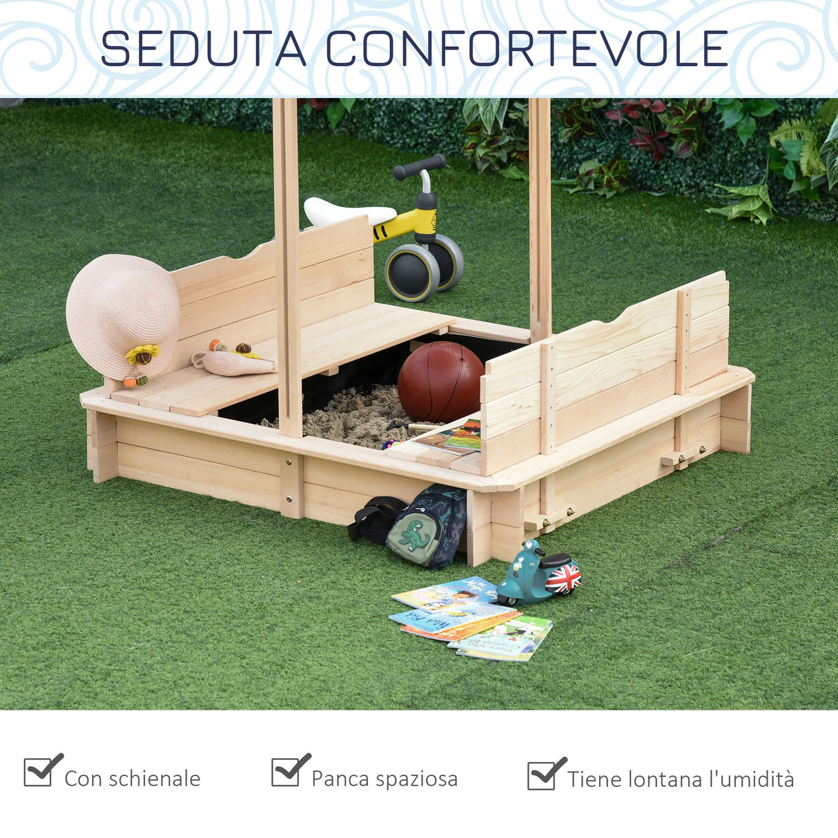 easycomfort easycomfort sabbiera per bambini in legno con tettuccio parasole panca e coperchio 106x106x121cm bianco e blu