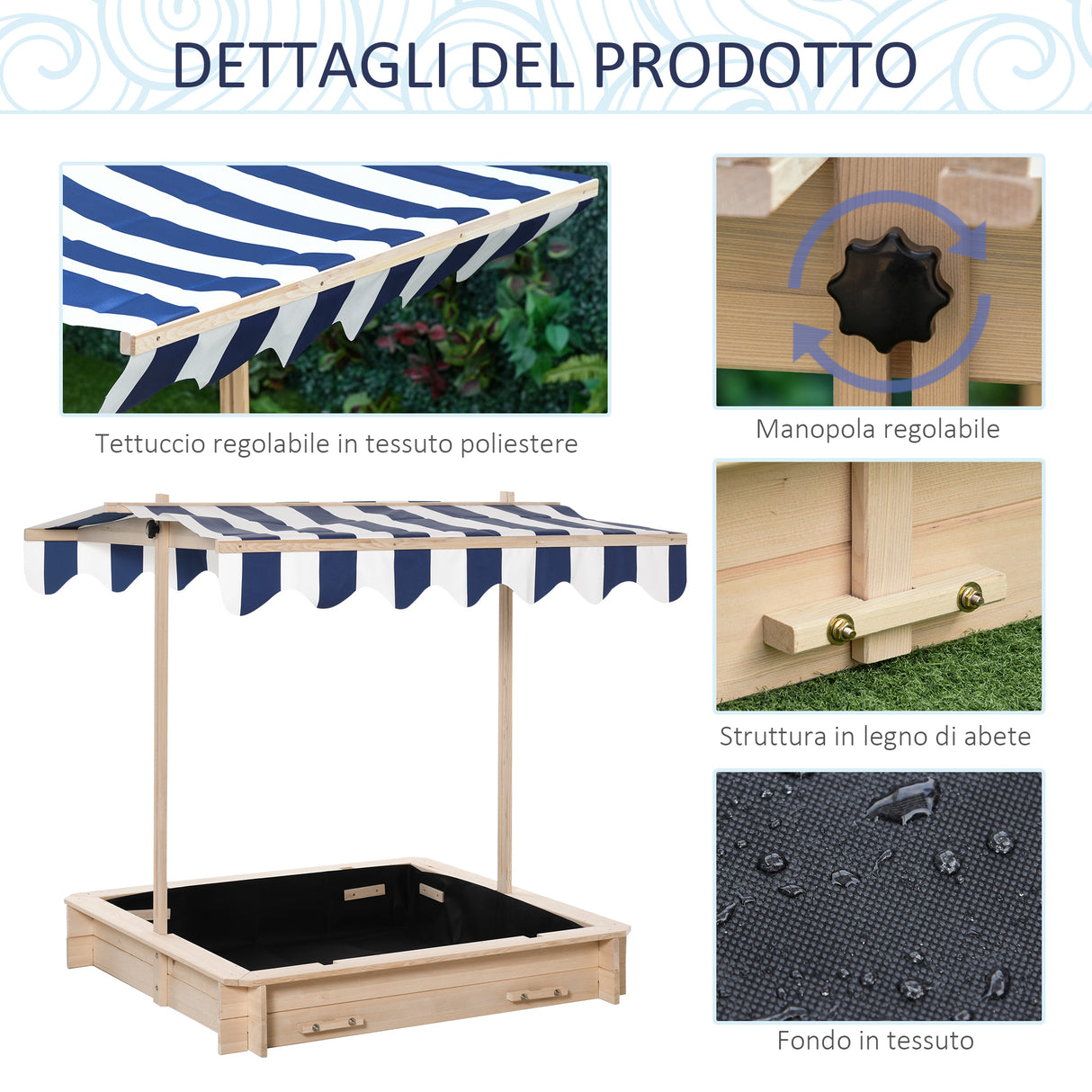easycomfort easycomfort sabbiera per bambini in legno con tettuccio parasole panca e coperchio 106x106x121cm bianco e blu