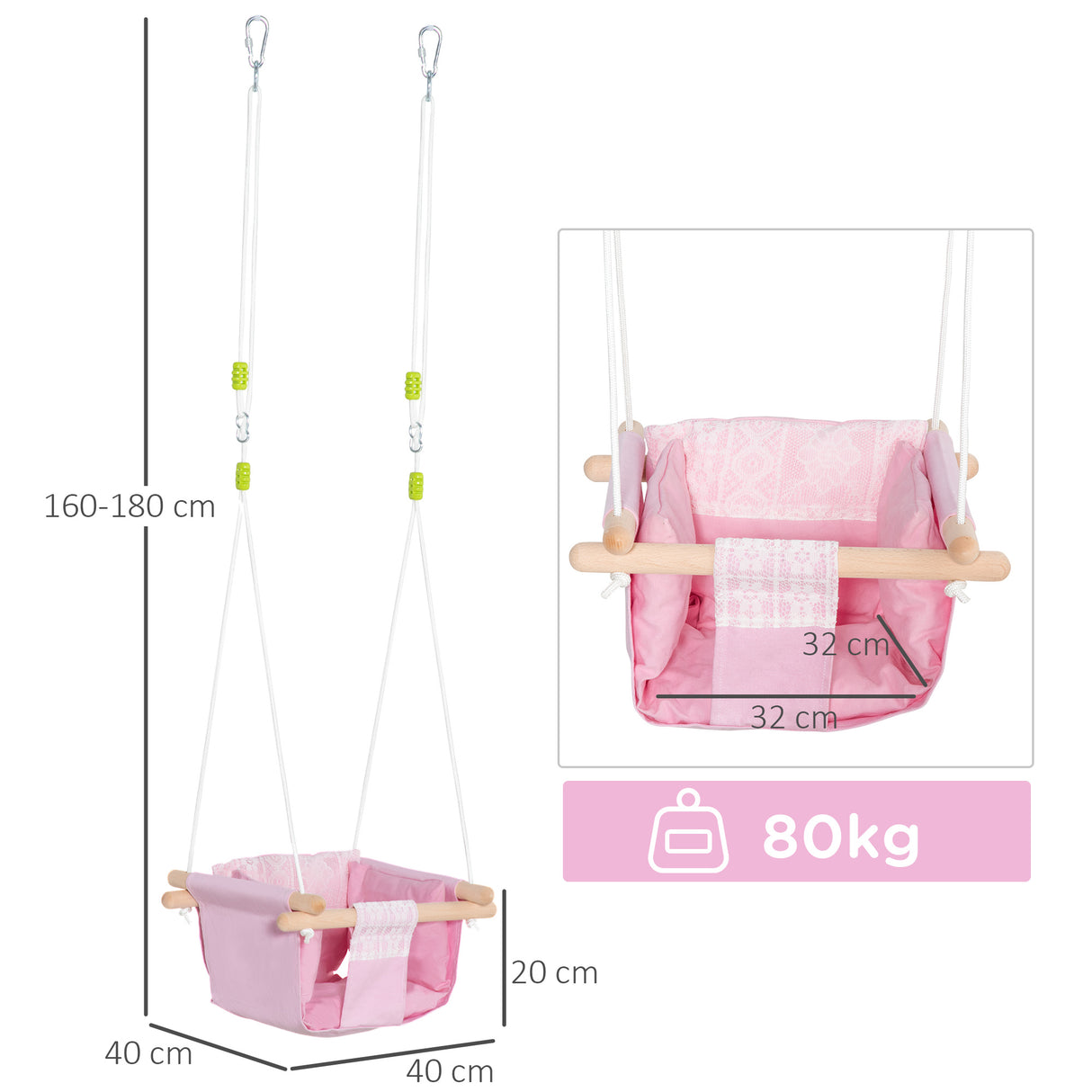 easycomfort easycomfort seggiolino altalena per bambini in tessuto e legno con cuscino 40x40x180cm rosa