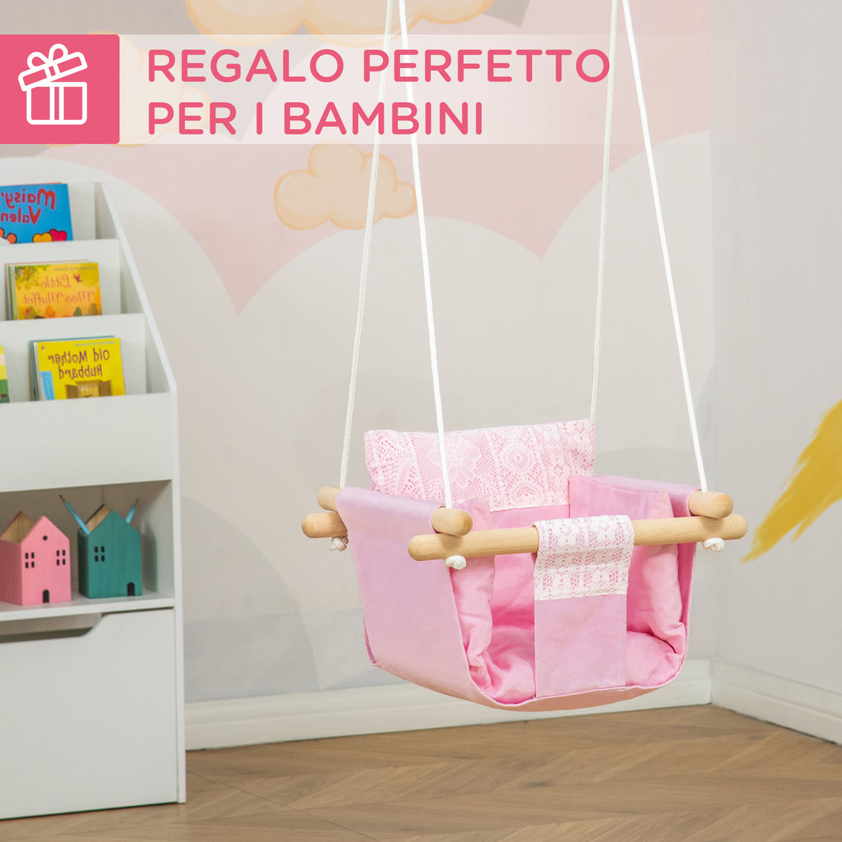 easycomfort easycomfort seggiolino altalena per bambini in tessuto e legno con cuscino 40x40x180cm rosa