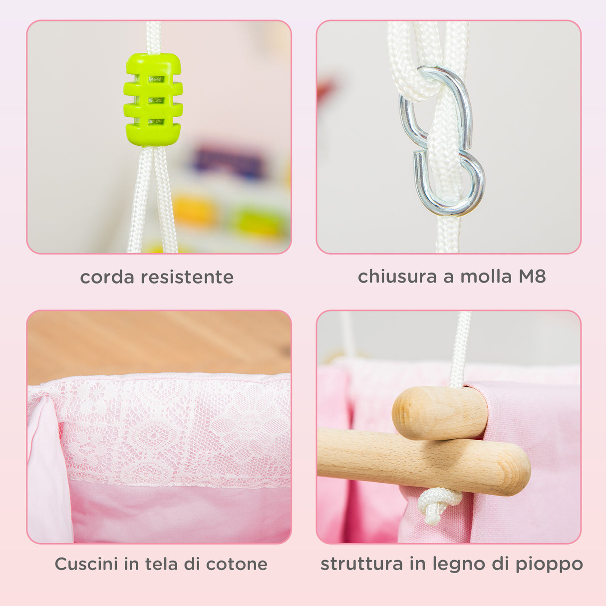 easycomfort easycomfort seggiolino altalena per bambini in tessuto e legno con cuscino 40x40x180cm rosa