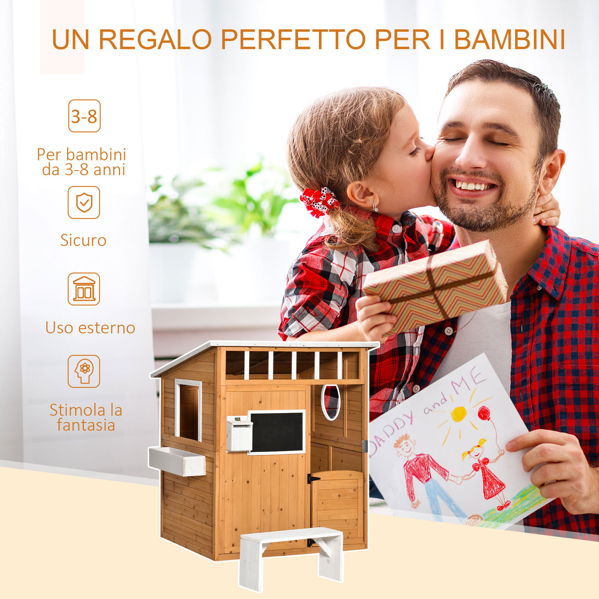 easycomfort easycomfort casetta per bambini in legno da esterno con porta finestre panca portavasi 122x108x135 5cm gialla