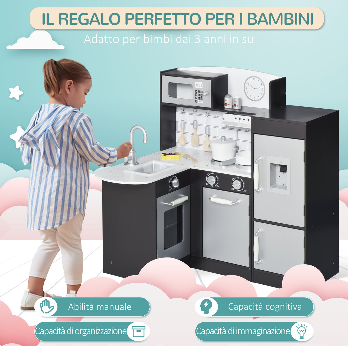 easycomfort easycomfort cucina giocattolo per bambini in legno con 14 accessori forno lavandino frigo e microonde eta 3 anni 86x64x84 5cm argento e marrone