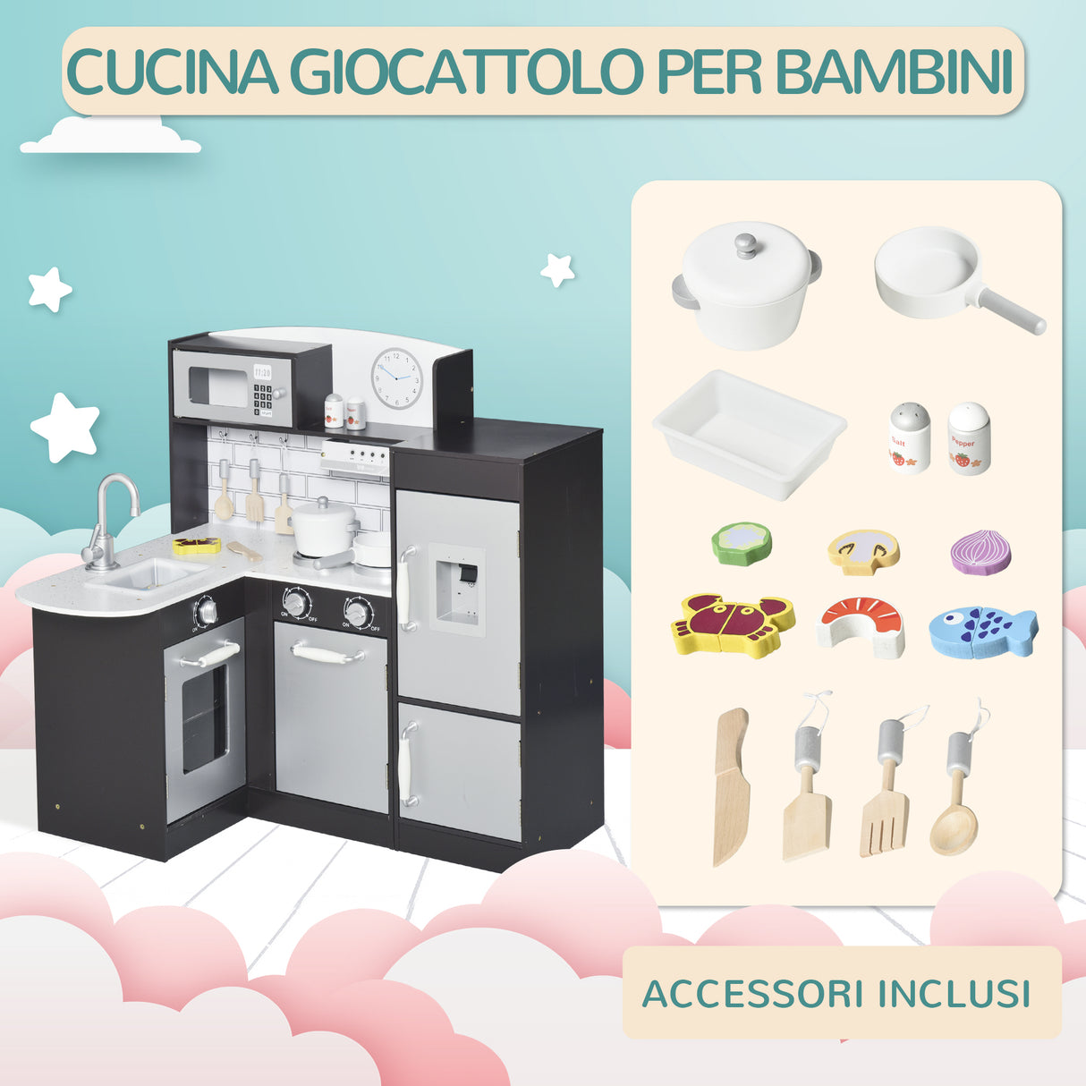 easycomfort easycomfort cucina giocattolo per bambini in legno con 14 accessori forno lavandino frigo e microonde eta 3 anni 86x64x84 5cm argento e marrone