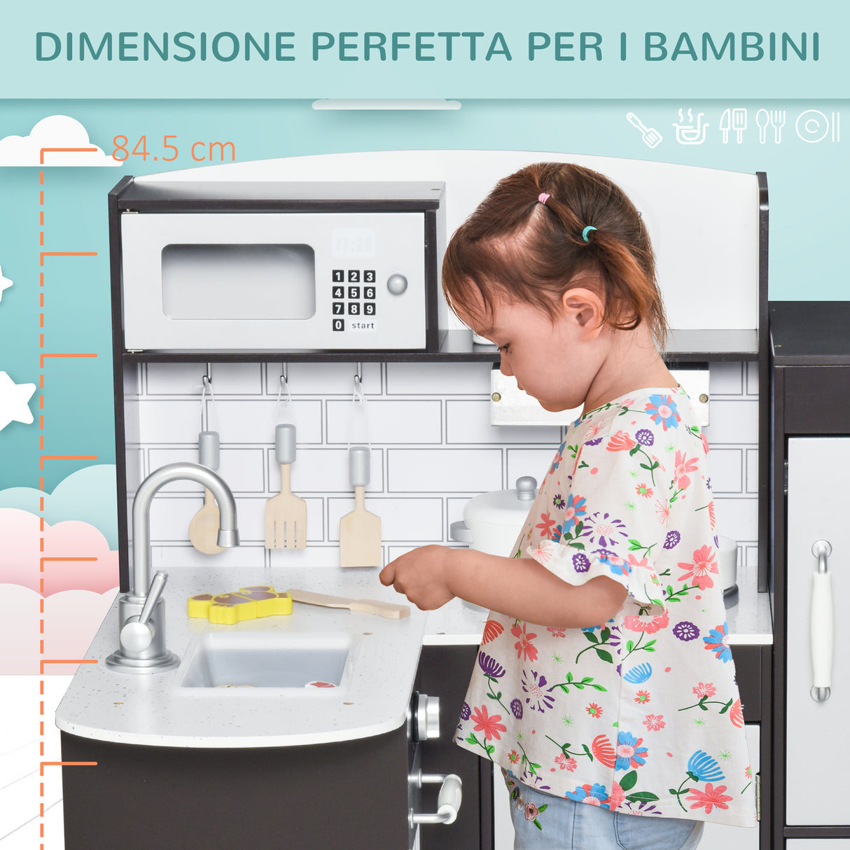 easycomfort easycomfort cucina giocattolo per bambini in legno con 14 accessori forno lavandino frigo e microonde eta 3 anni 86x64x84 5cm argento e marrone