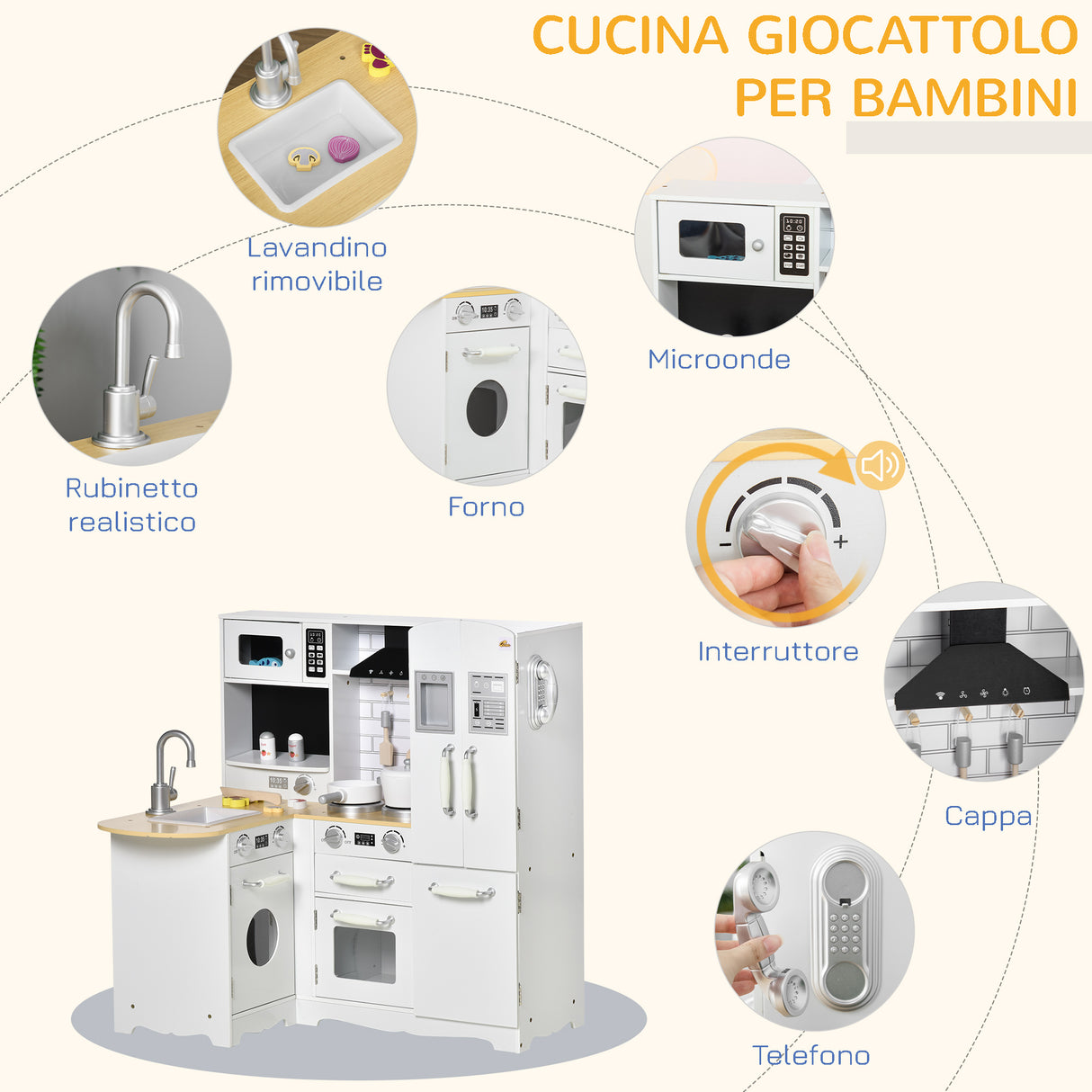 easycomfort easycomfort cucina giocattolo per bambini 3 6 anni in legno con suoni 14 accessori forno lavandino e frigo 82x65x87cm bianco