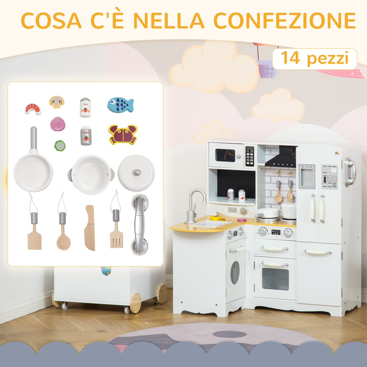 easycomfort easycomfort cucina giocattolo per bambini 3 6 anni in legno con suoni 14 accessori forno lavandino e frigo 82x65x87cm bianco