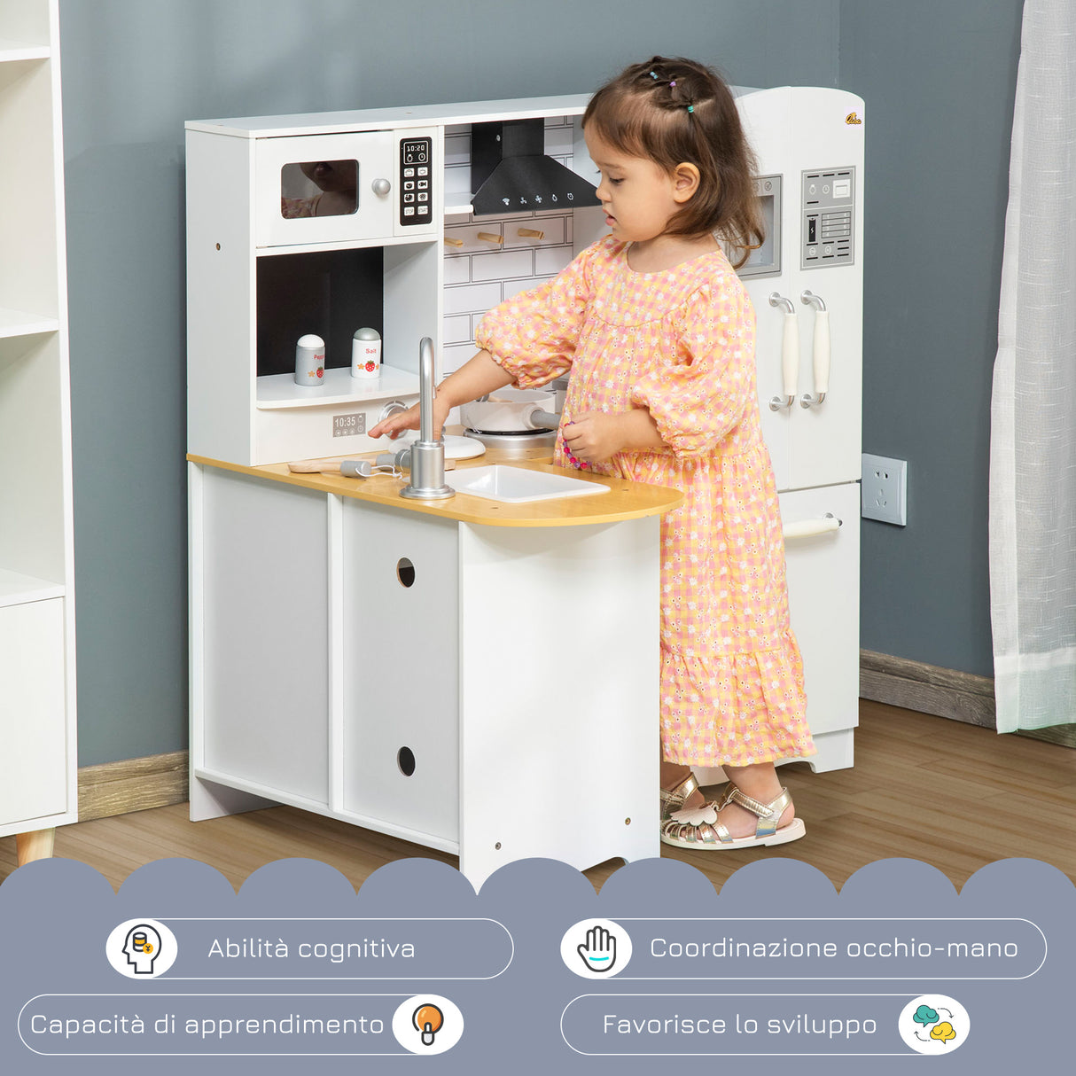 easycomfort easycomfort cucina giocattolo per bambini 3 6 anni in legno con suoni 14 accessori forno lavandino e frigo 82x65x87cm bianco