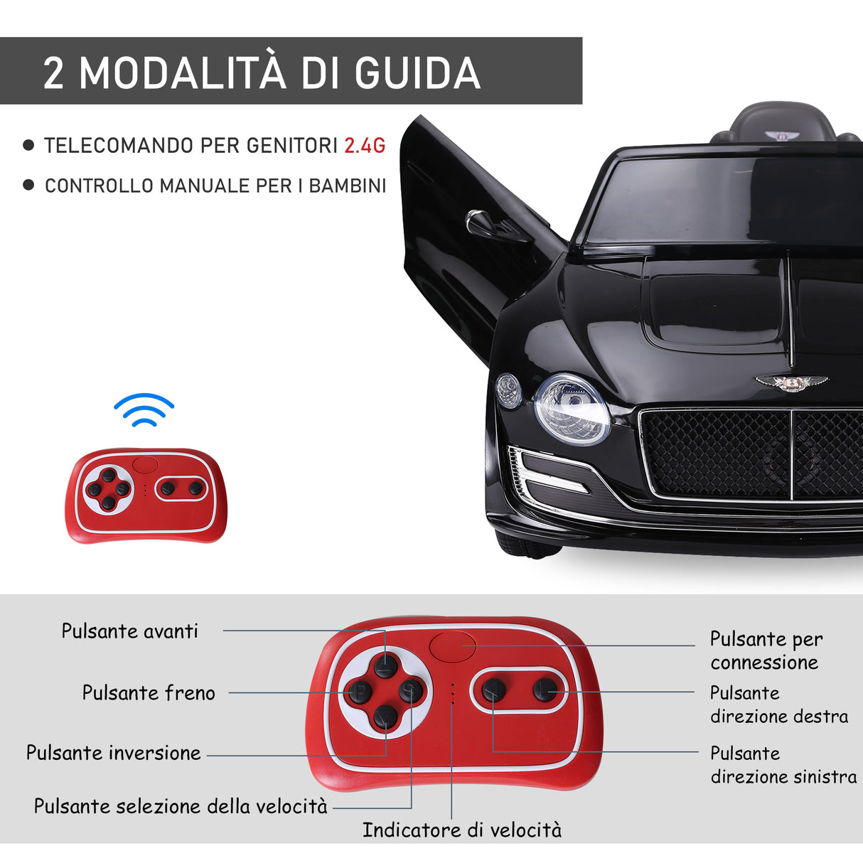 easycomfort easycomfort macchina elettrica per bambini bentley con 2 portiere guida manuale e telecomando fari e suoni 108x60x43cm nero