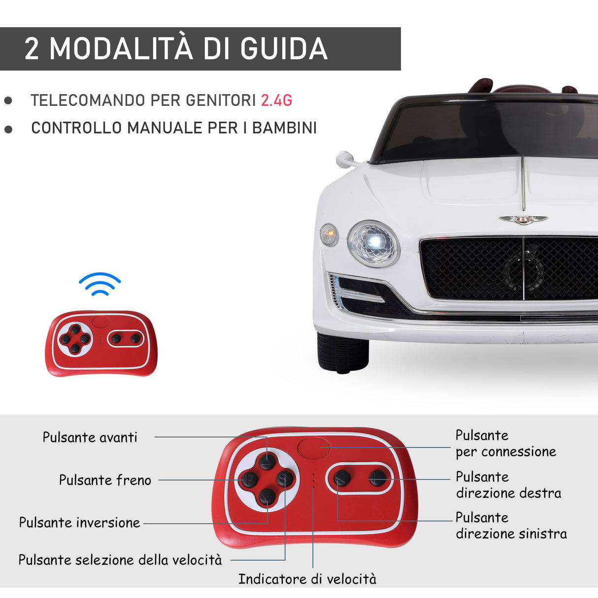 easycomfort easycomfort macchina elettrica per bambini bentley con 2 portiere guida manuale e telecomando fari e suoni 108x60x43cm bianco