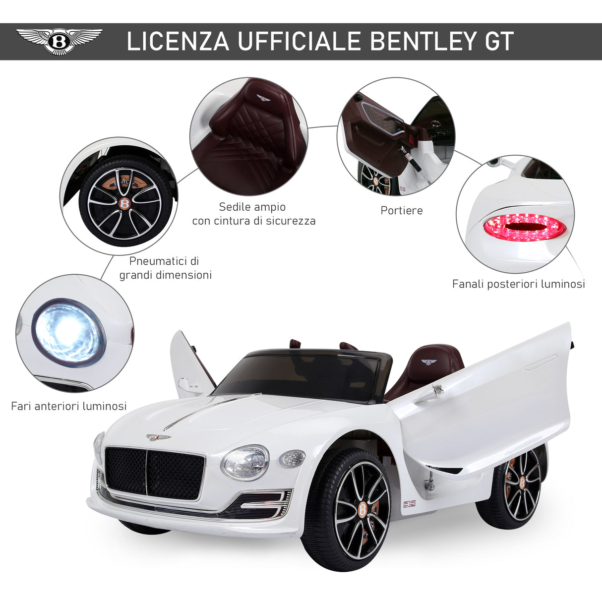 easycomfort easycomfort macchina elettrica per bambini bentley con 2 portiere guida manuale e telecomando fari e suoni 108x60x43cm bianco