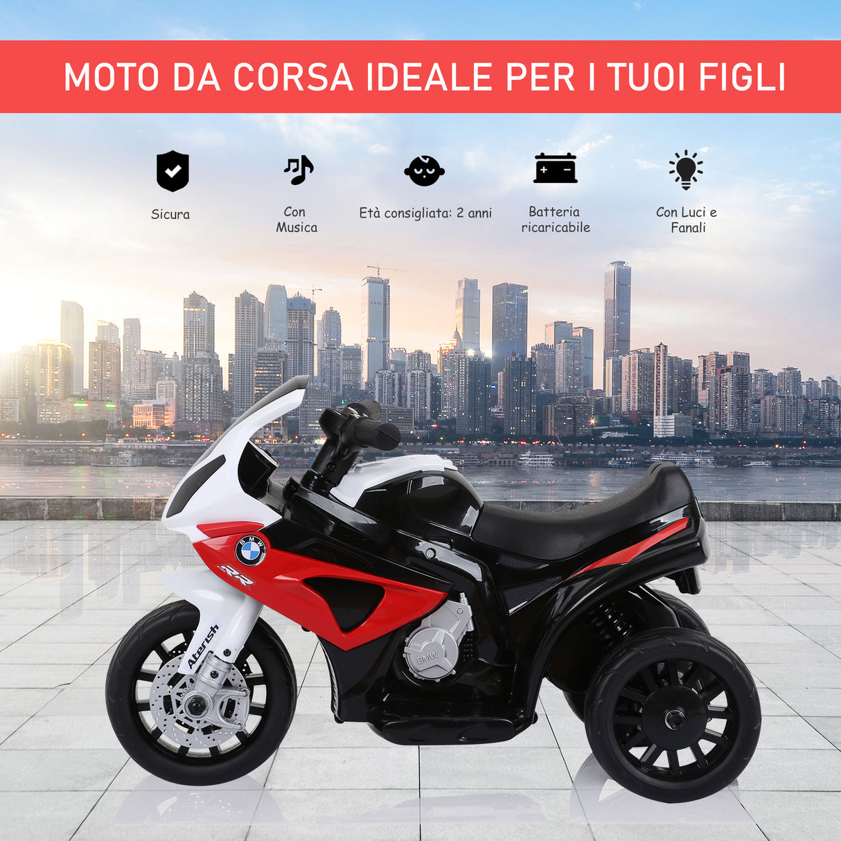 easycomfort easycomfort moto elettrica per bambini max 20kg con licenza bmw 3 ruote batteria ricaricabile 6v bianco rosso 66x37x44cm