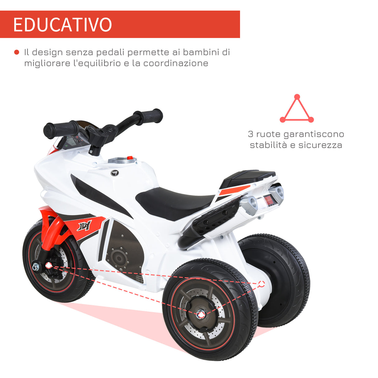 easycomfort easycomfort moto a 3 ruote per bambini 18 36 mesi con musica fari senza pedale in pp metallo bianca rossa