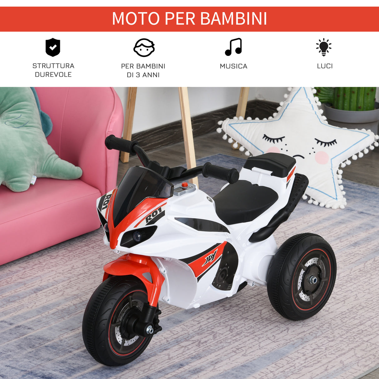 easycomfort easycomfort moto a 3 ruote per bambini 18 36 mesi con musica fari senza pedale in pp metallo bianca rossa