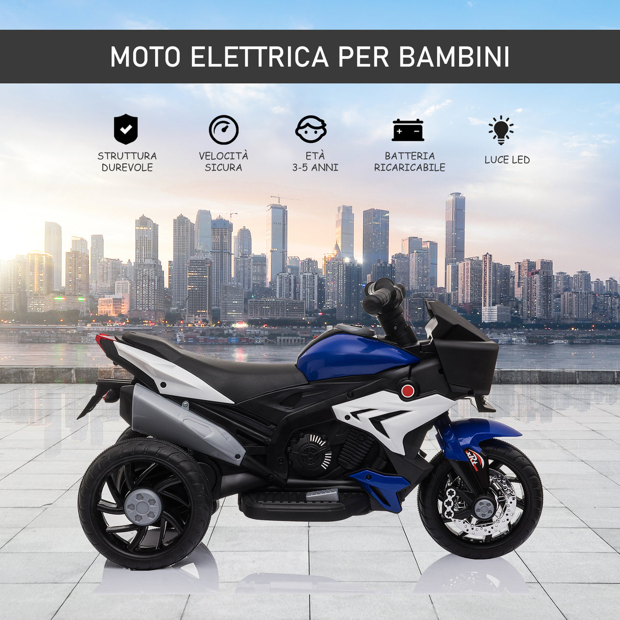 easycomfort easycomfort moto elettrica per bambini 3 5 anni max 25kg con 3 ruote luci e suoni batteria 6v blu e nero 86x42x52cm