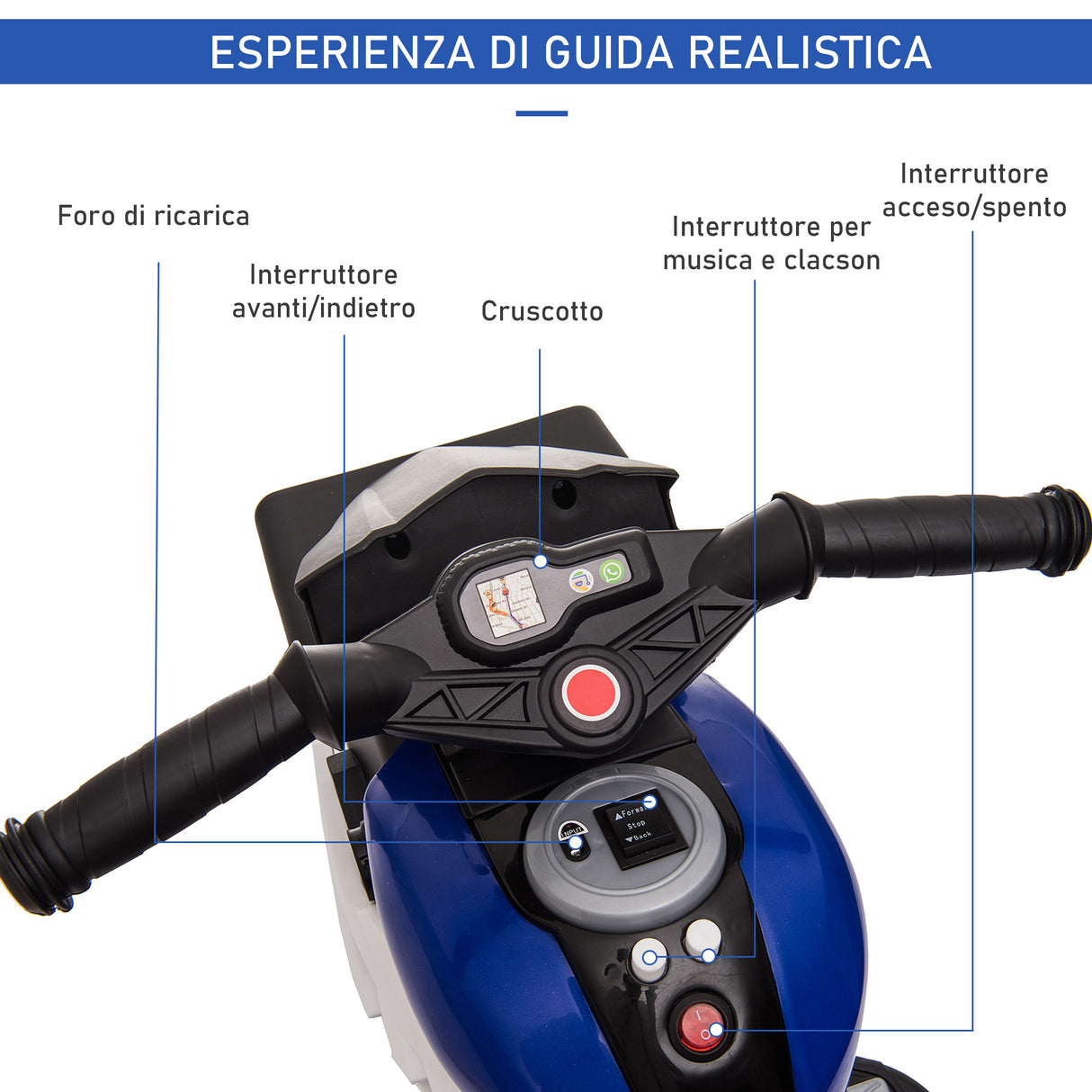 easycomfort easycomfort moto elettrica per bambini 3 5 anni max 25kg con 3 ruote luci e suoni batteria 6v blu e nero 86x42x52cm