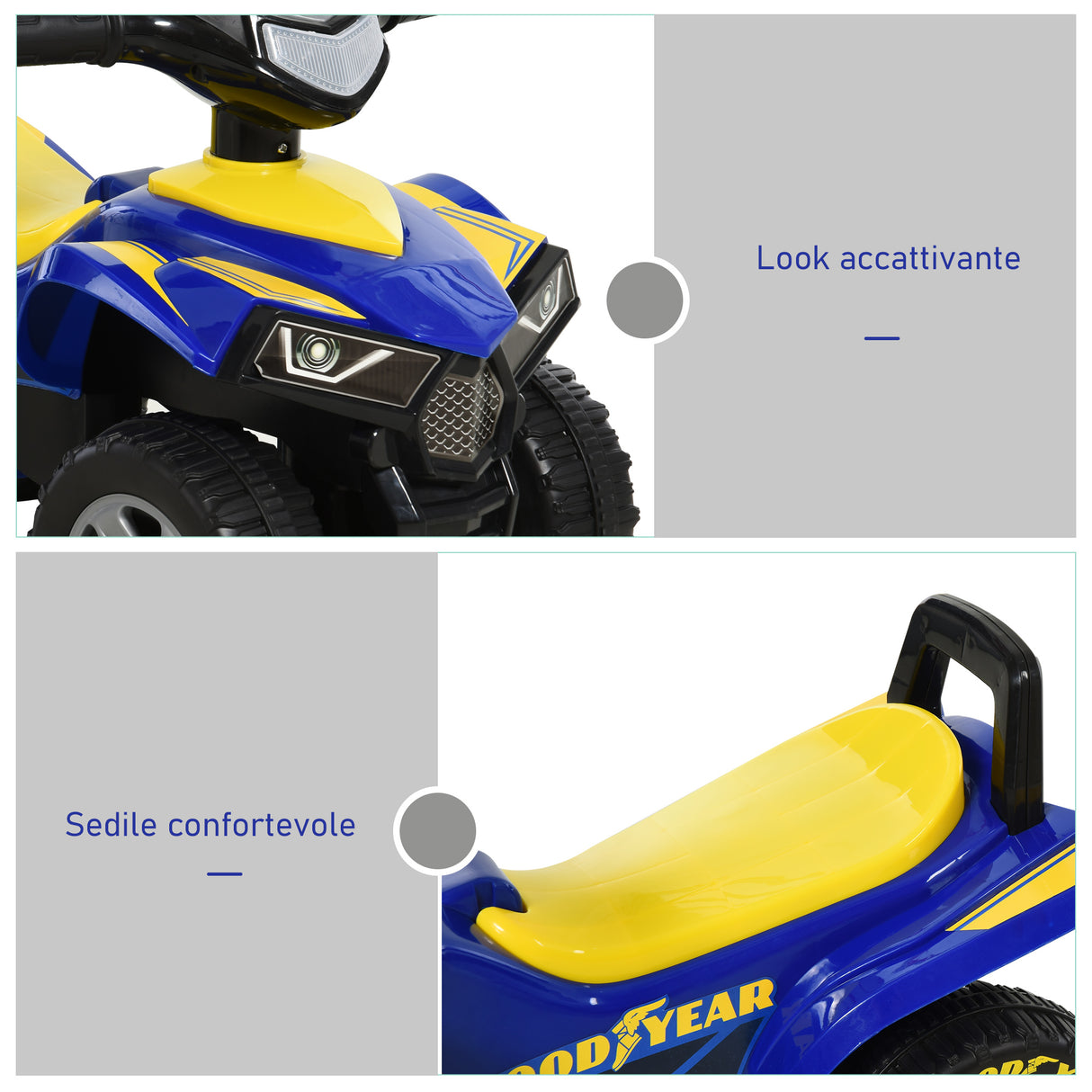 easycomfort easycomfort quad giocattolo per bambini 18 36 mesi con licenza goodyear con luci e suoni realistici blu e giallo 60x31x42cm