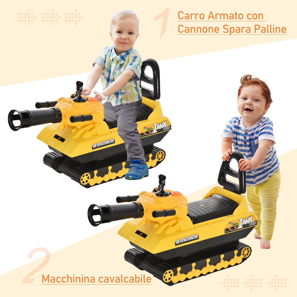 easycomfort easycomfort carro armato bambini con cannone spara palline e vano contenitore giochi cavalcabili per bambini 3 anni 68cmx24cmx41 5cm giallo